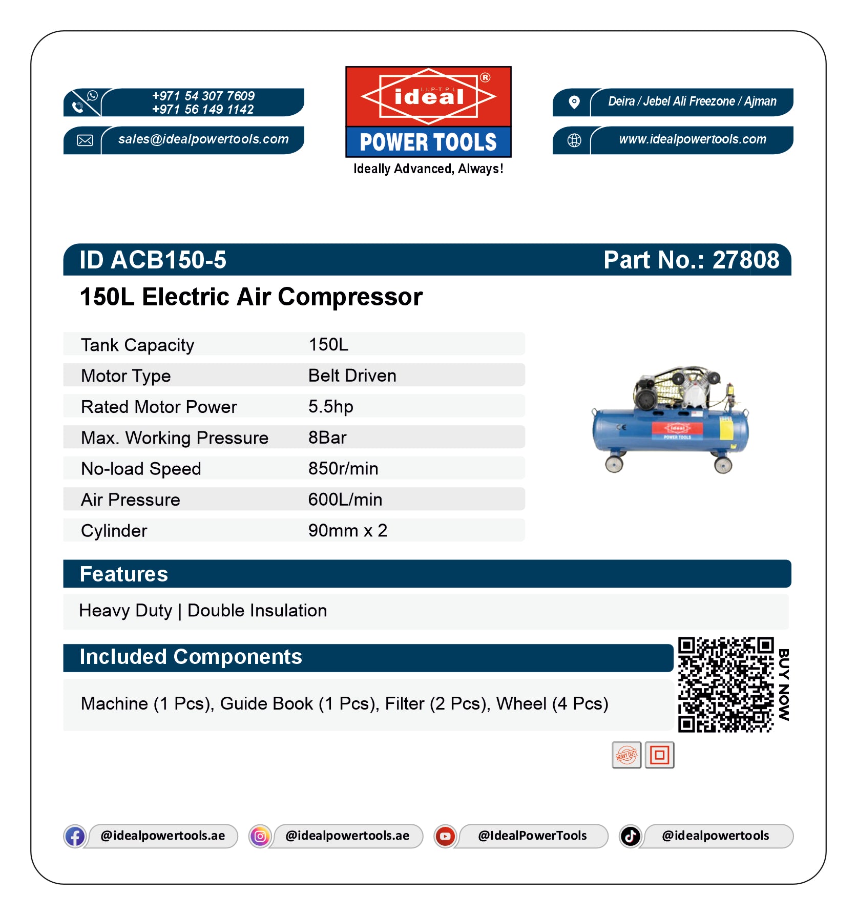 ID ACB150-5 BELT DRIVEN [5 HP] ELECTRIC AIR COMPRESSOR MACHINE [G-240V] - 27808