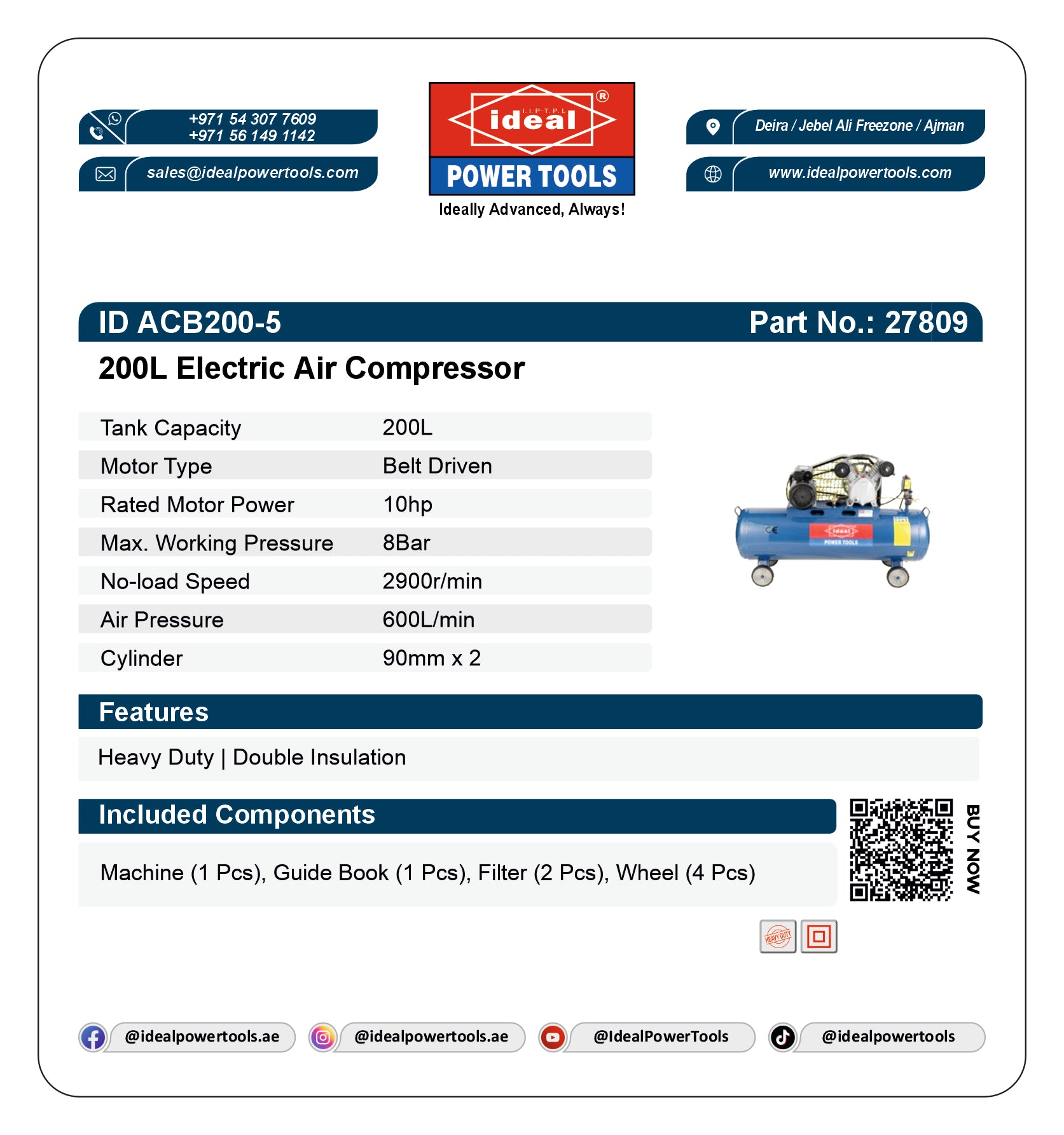 ID ACB200-5 BELT DRIVEN [5 HP] ELECTRIC AIR COMPRESSOR MACHINE [G-240V] - 27809