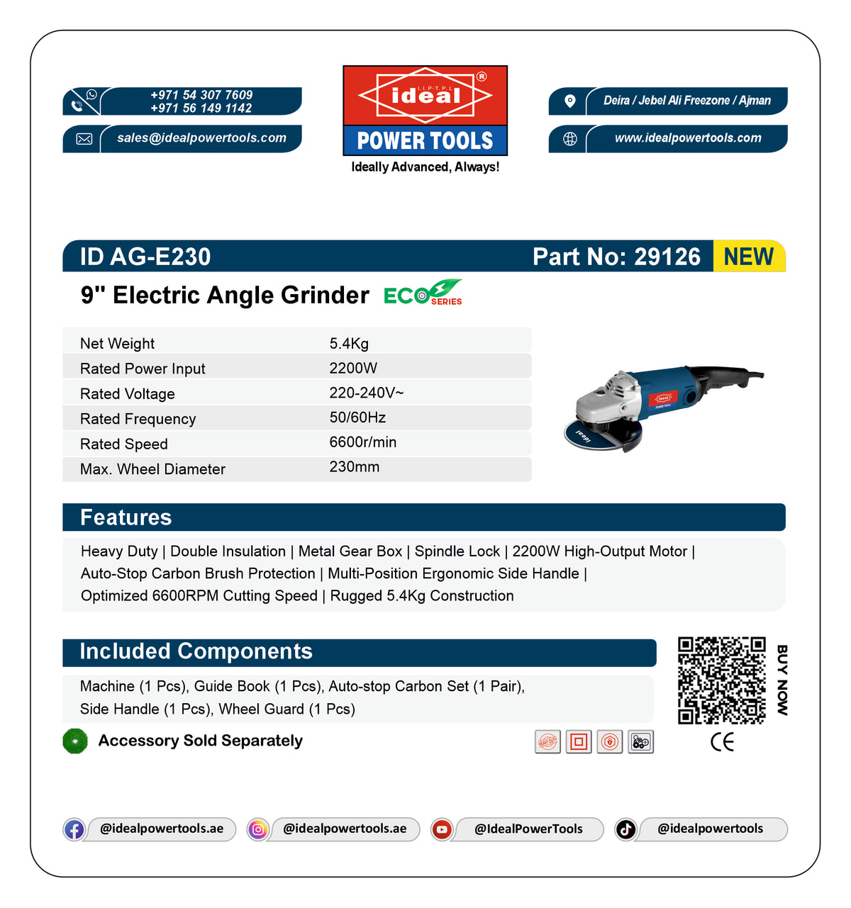 A white technical specification sheet for the Ideal Power Tools 9" Electric Angle Grinder (Model AG-E230, Part No: 29126). The sheet features the Ideal Power Tools logo at the top, a detailed product table with specifications, a list of included components, a QR code, and social media handles at the bottom.