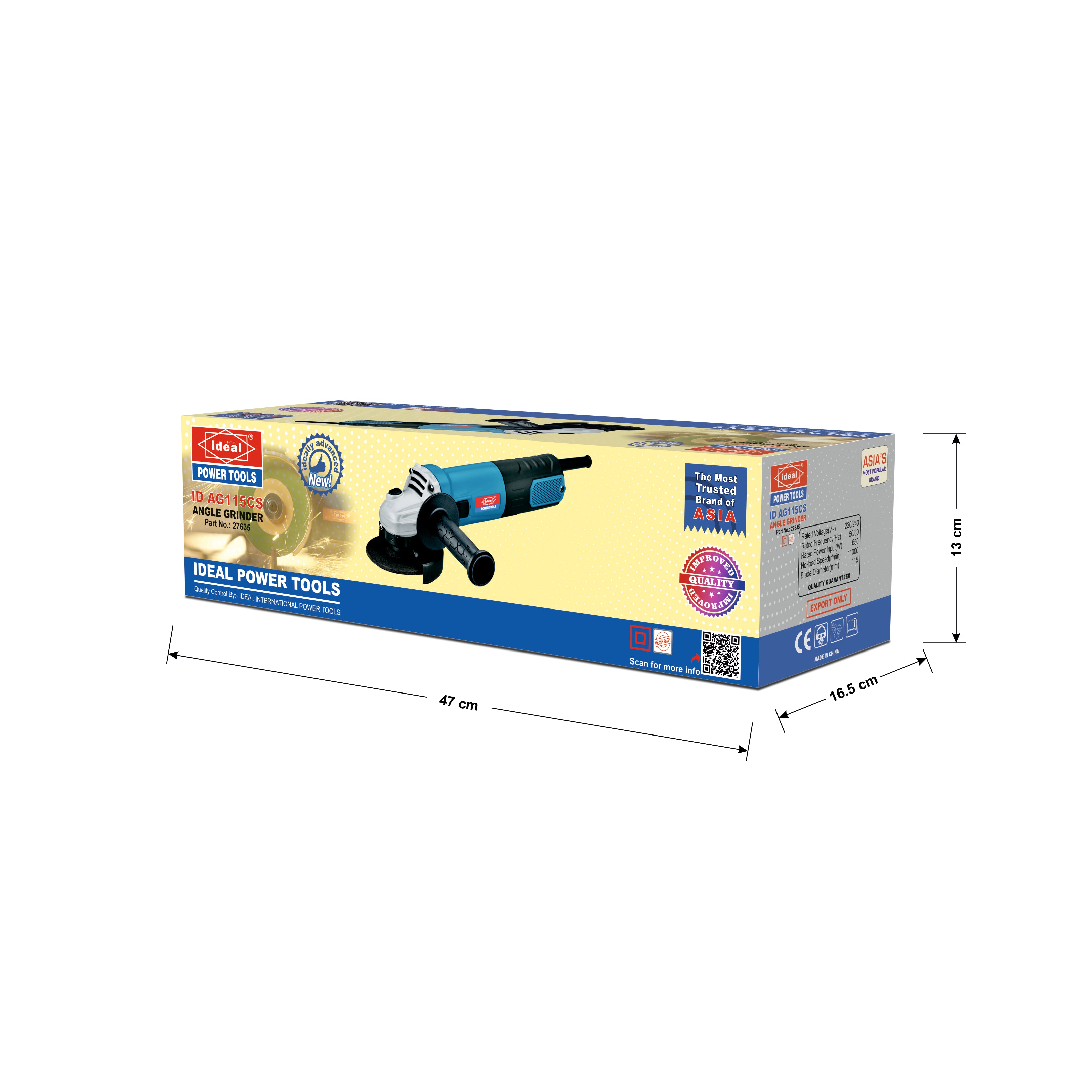 A boxed power tool package shown on a white background with dimension lines indicating 47 cm length, 18.5 cm width, and 11 cm height.
