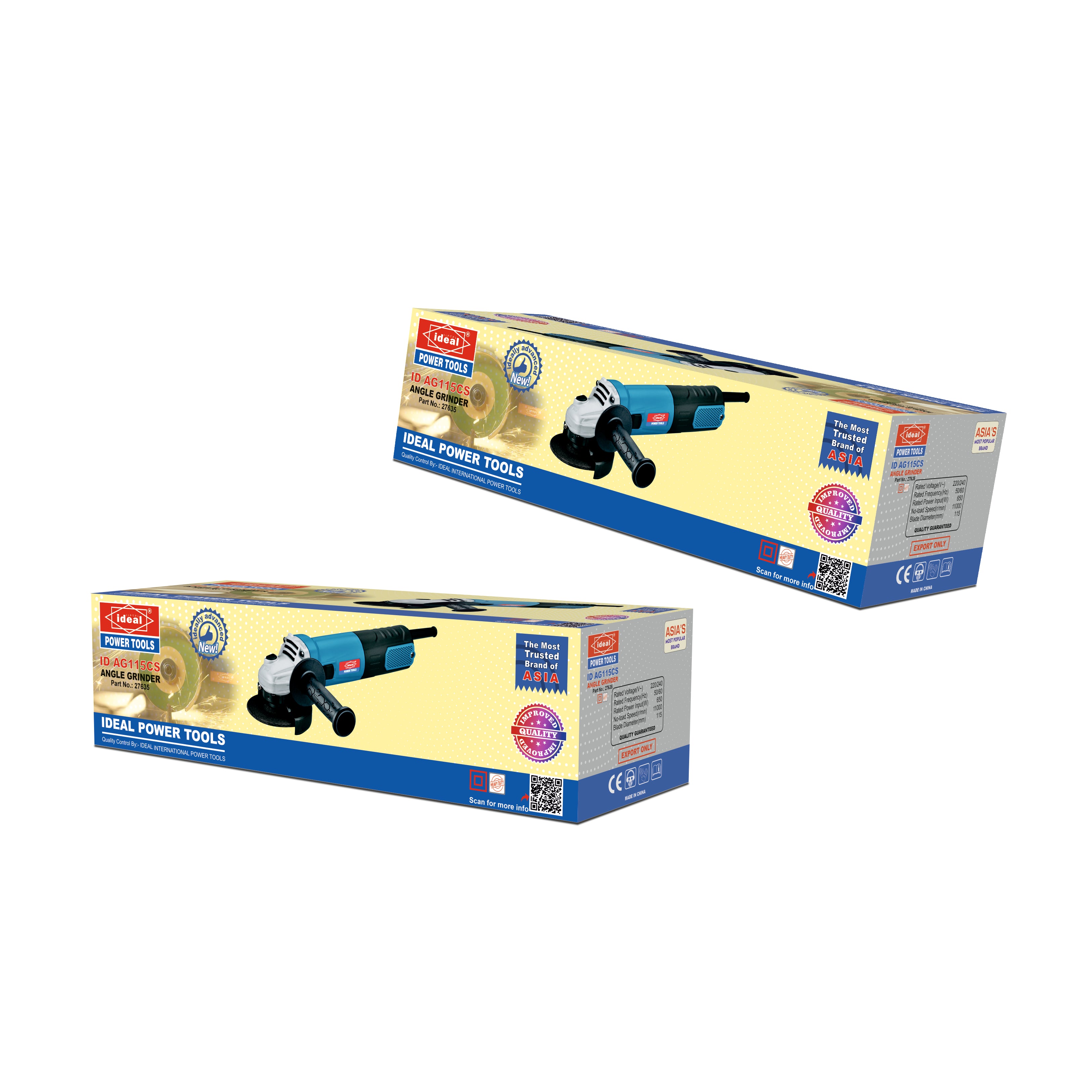 Two retail boxes of angle grinders shown on a plain white background, with one box angled above the other. The packaging is predominantly yellow and blue with a photo of a black-and-blue angle grinder on the front.