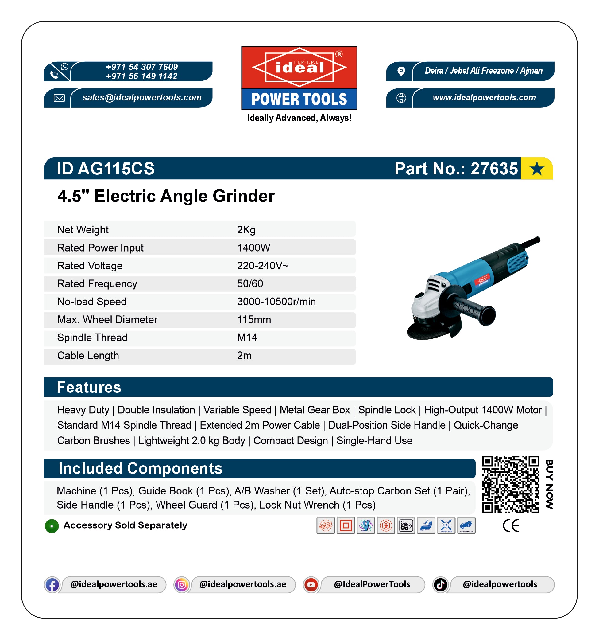 A white product information card for the Ideal Power Tools AG1115CS Electric Angle Grinder, showing specifications, features, included components, and contact details in a clean table layout with a product photo of the tool.