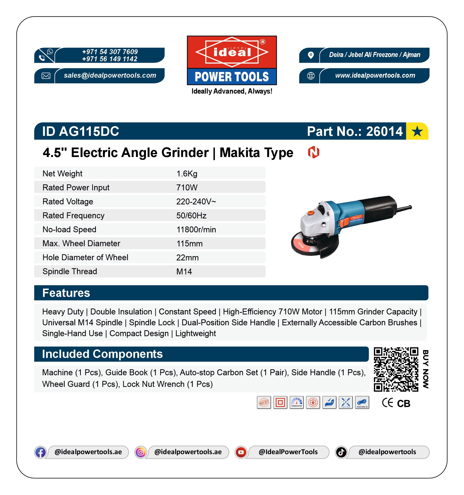 Product card of 4.5-inch Electric Angle Grinder (ID AG115DC), showing technical specs, features, included components, and a small product photo on a white background.