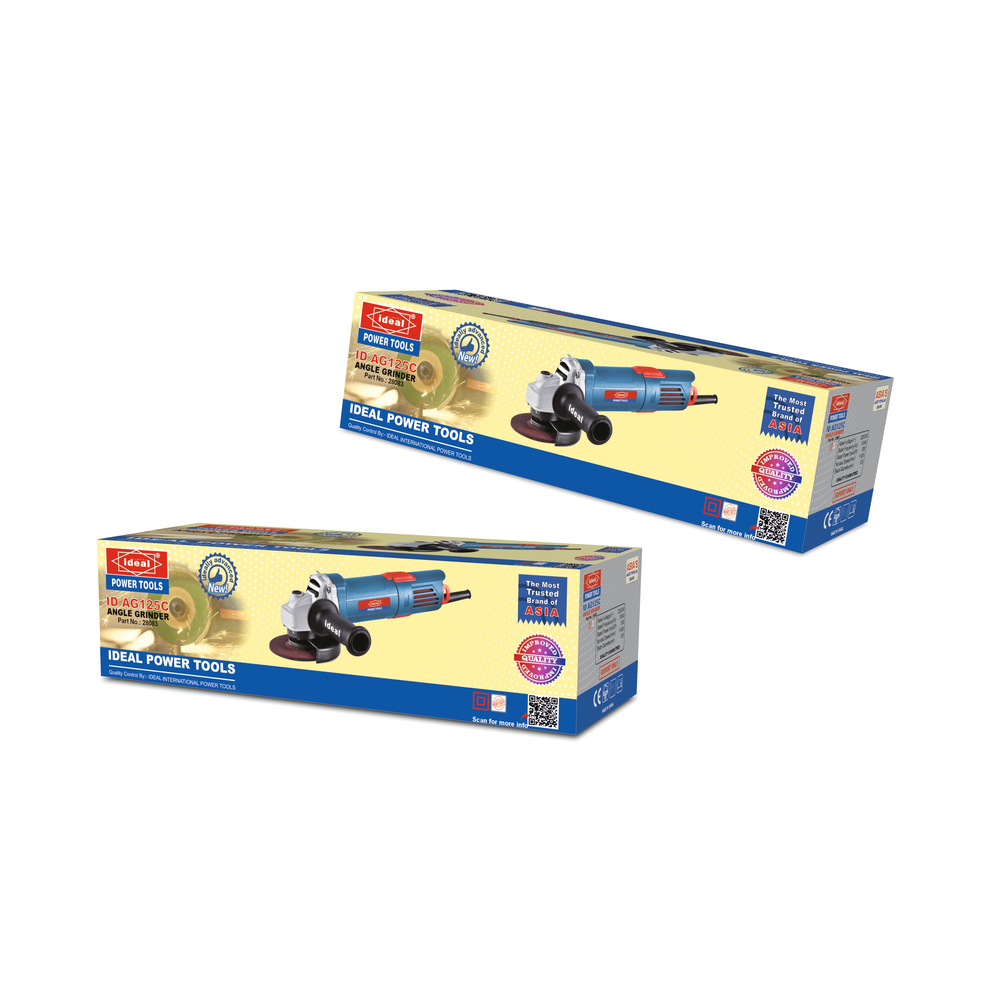 Two boxes of angle grinders shown on a plain white background, angled diagonally with one above the other.