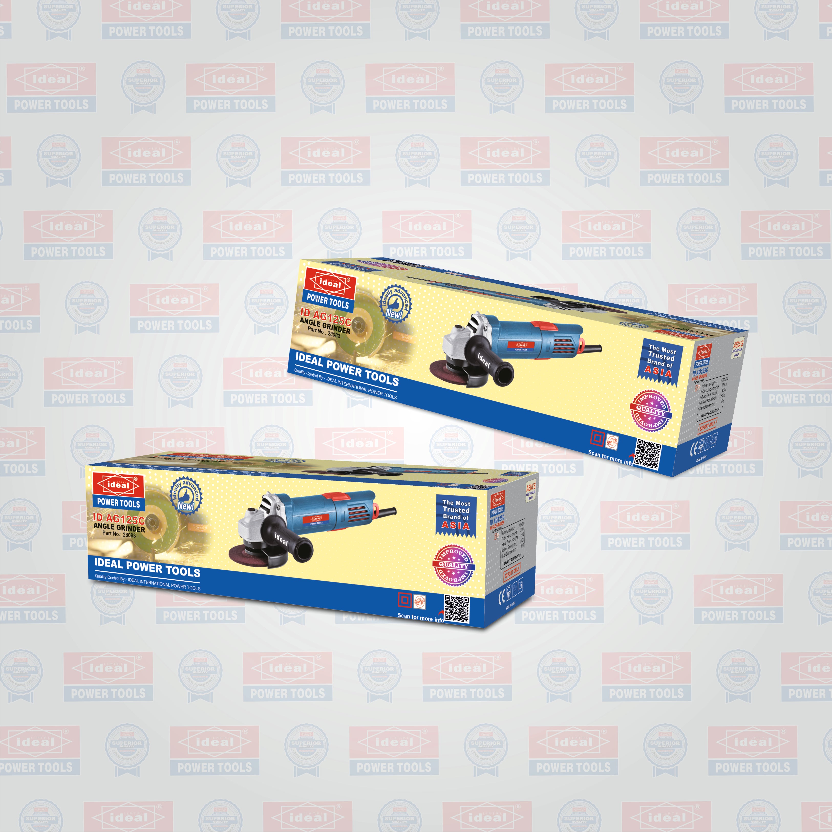 Two retail boxes of Ideal Power Tools  angle grinder shown on a light gray patterned background.