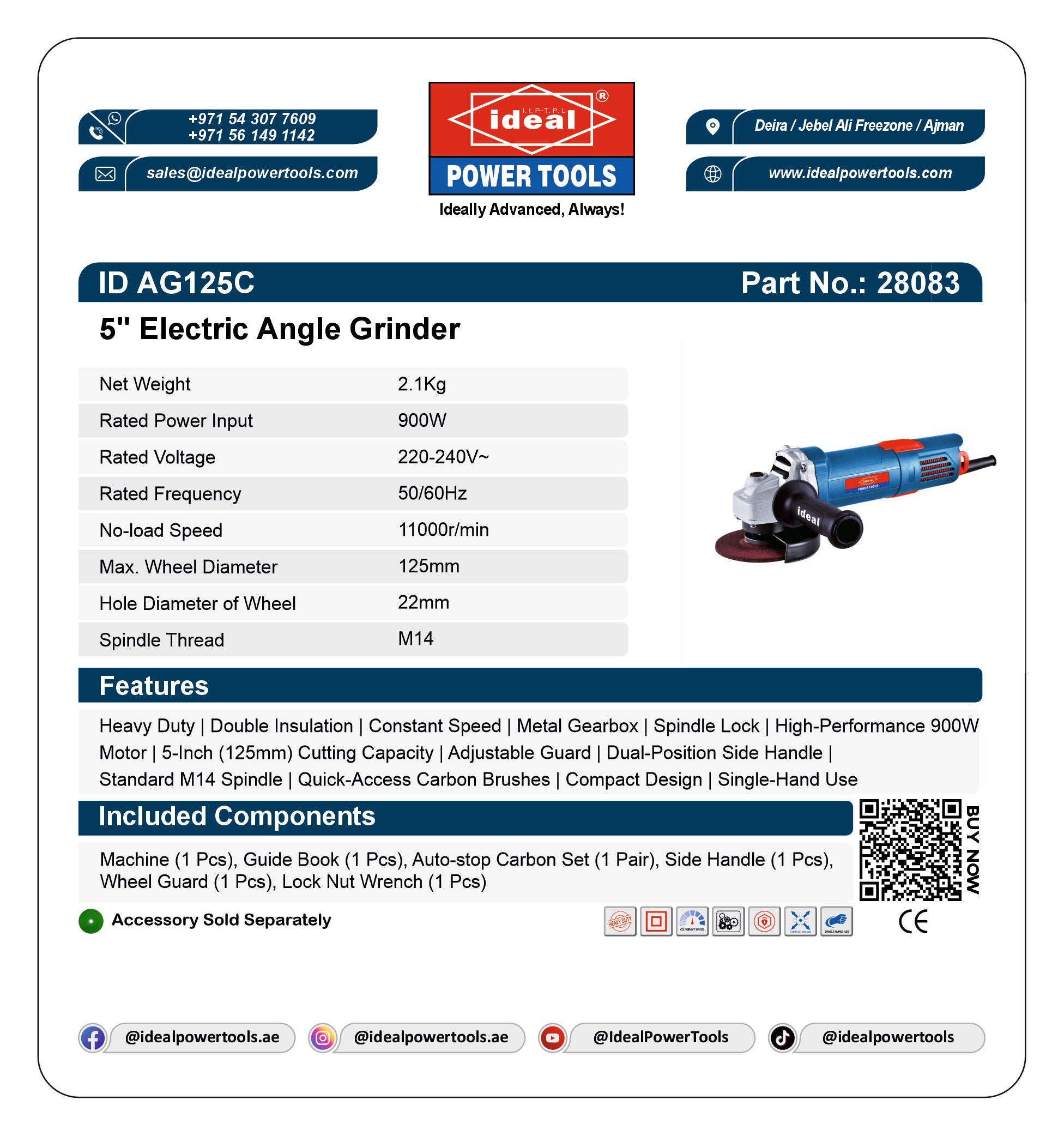A product information card for the Ideal Power Tools 5-inch Electric Angle Grinder. The card features the Ideal Power Tools logo, product specifications in a table, a list of included components, and a QR code on a white background with blue header and footer banners.