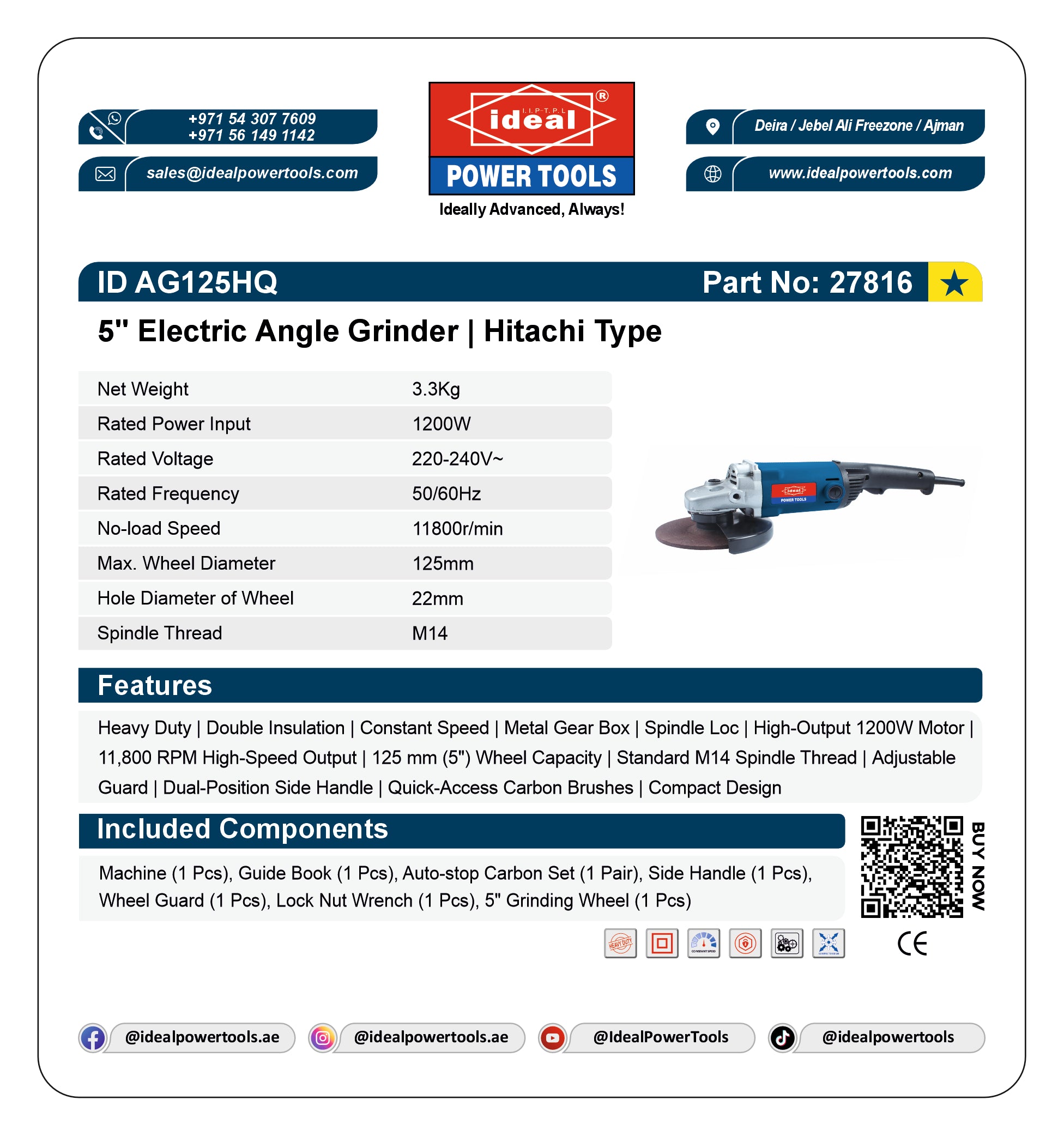 ID AG125HQ 5" ELECTRIC ANGLE GRINDER MACHINE [G-240V] [Hitachi Type] - 27816