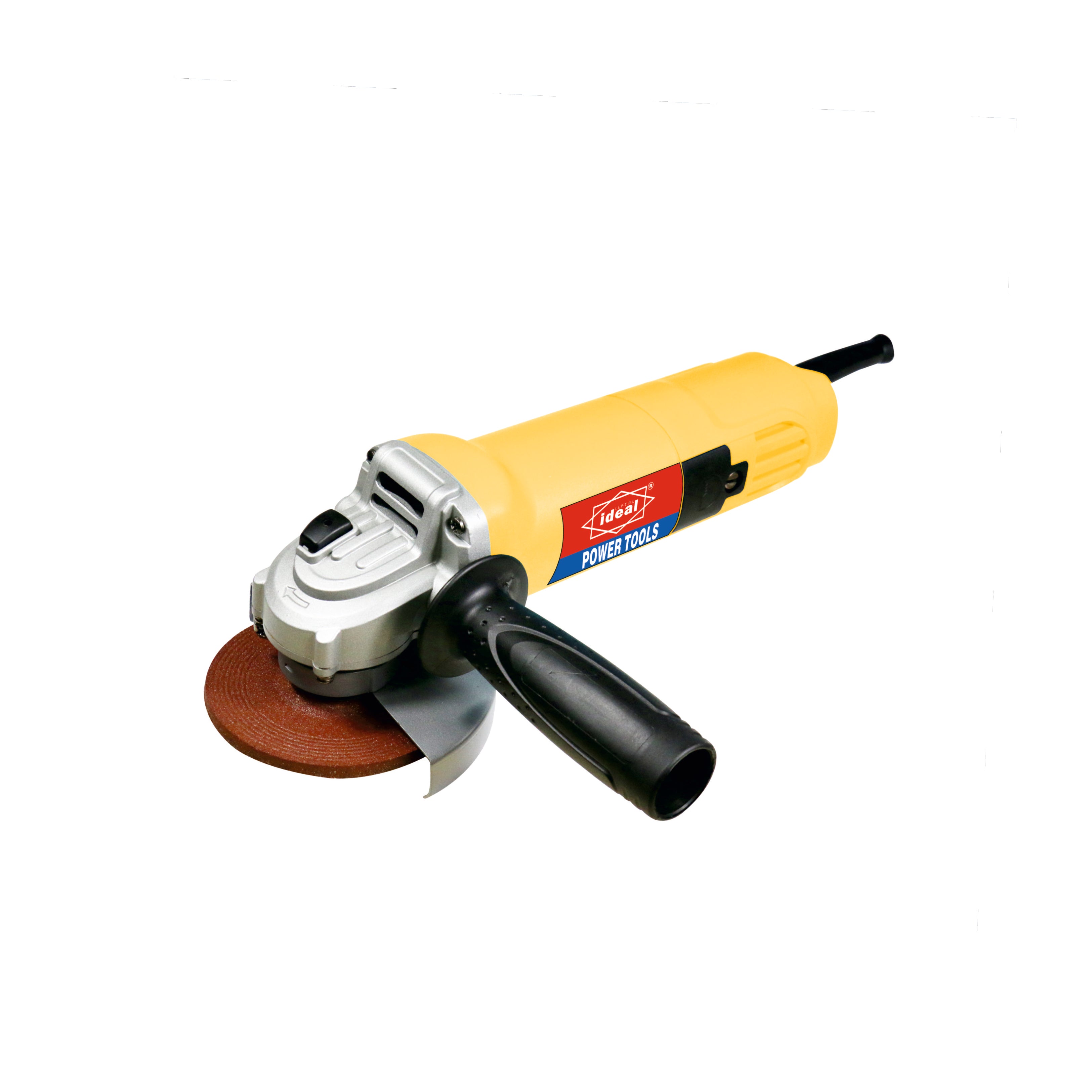A yellow and silver angle grinder with a black handle and a brown abrasive disc, shown on a plain white background. The brand label on the body reads 'Ideal' and 'POWER TOOLS'.