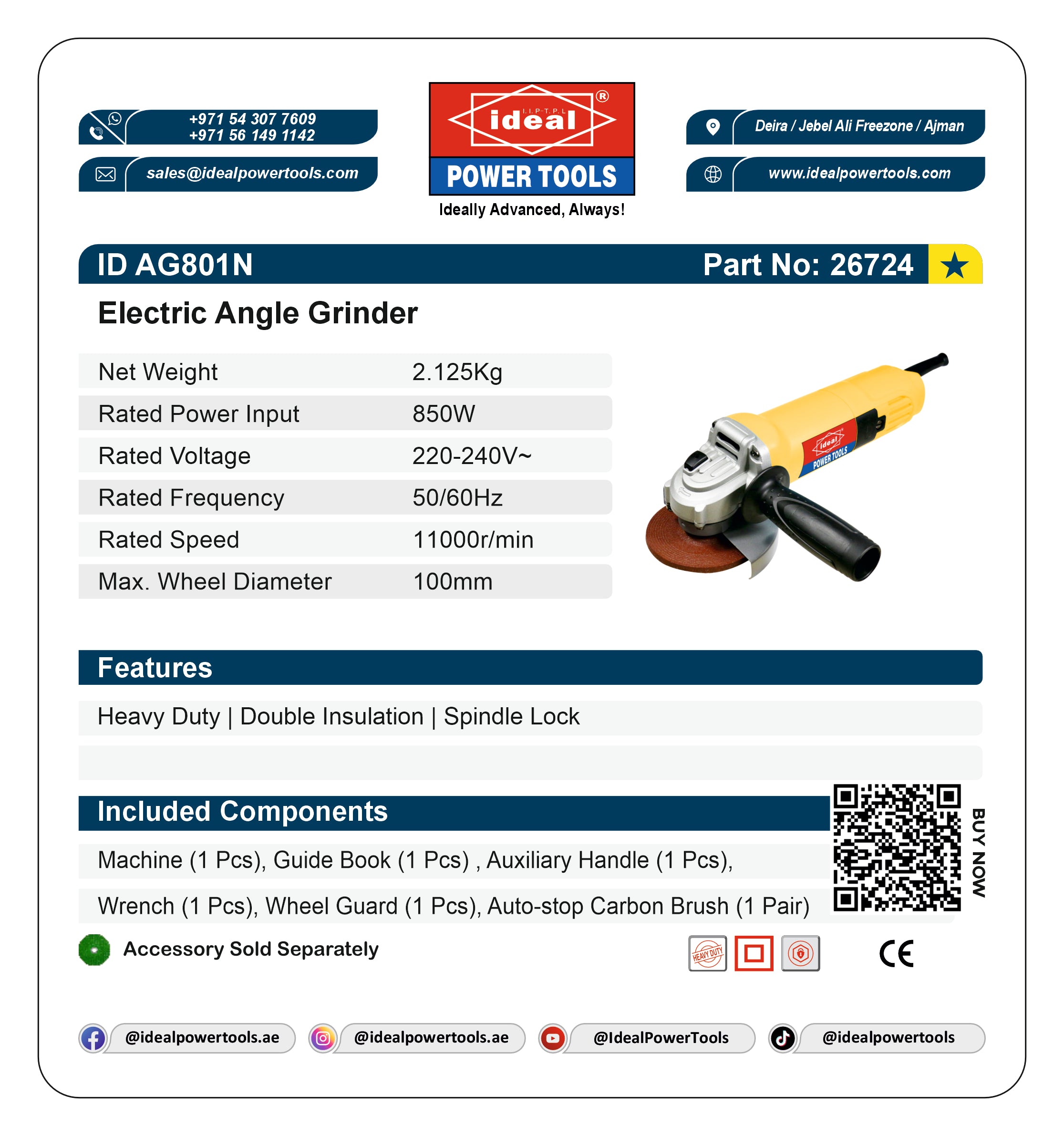 ID AG801N ELECTRIC ANGLE GRINDER MACHINE [G-240V] [DeWalt Type] - 26724