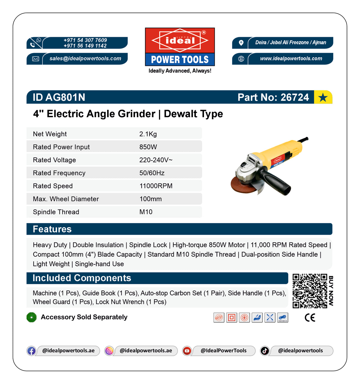 A product information card for an Ideal Power Tools 4-inch Electric Angle Grinder (Model AG801N). The card features the Ideal brand logo at the top, a technical specification table on the left, a product photo of the grinder on the right, a list of included components, and a QR code at the bottom.