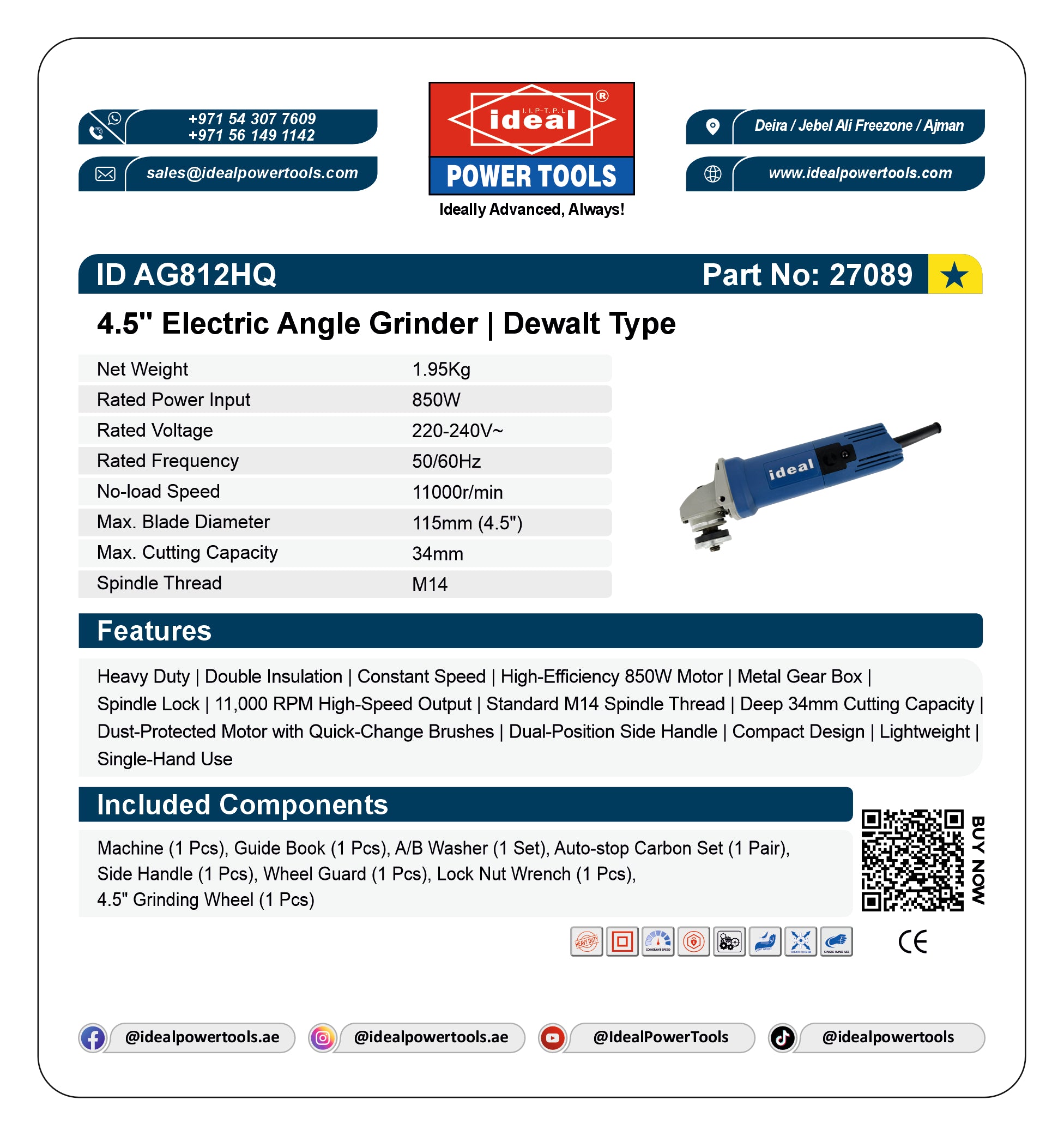ID AG812HQ [BLUE] 4.5" ELECTRIC ANGLE GRINDER MACHINE [G-240V] [DeWalt Type] - 27089