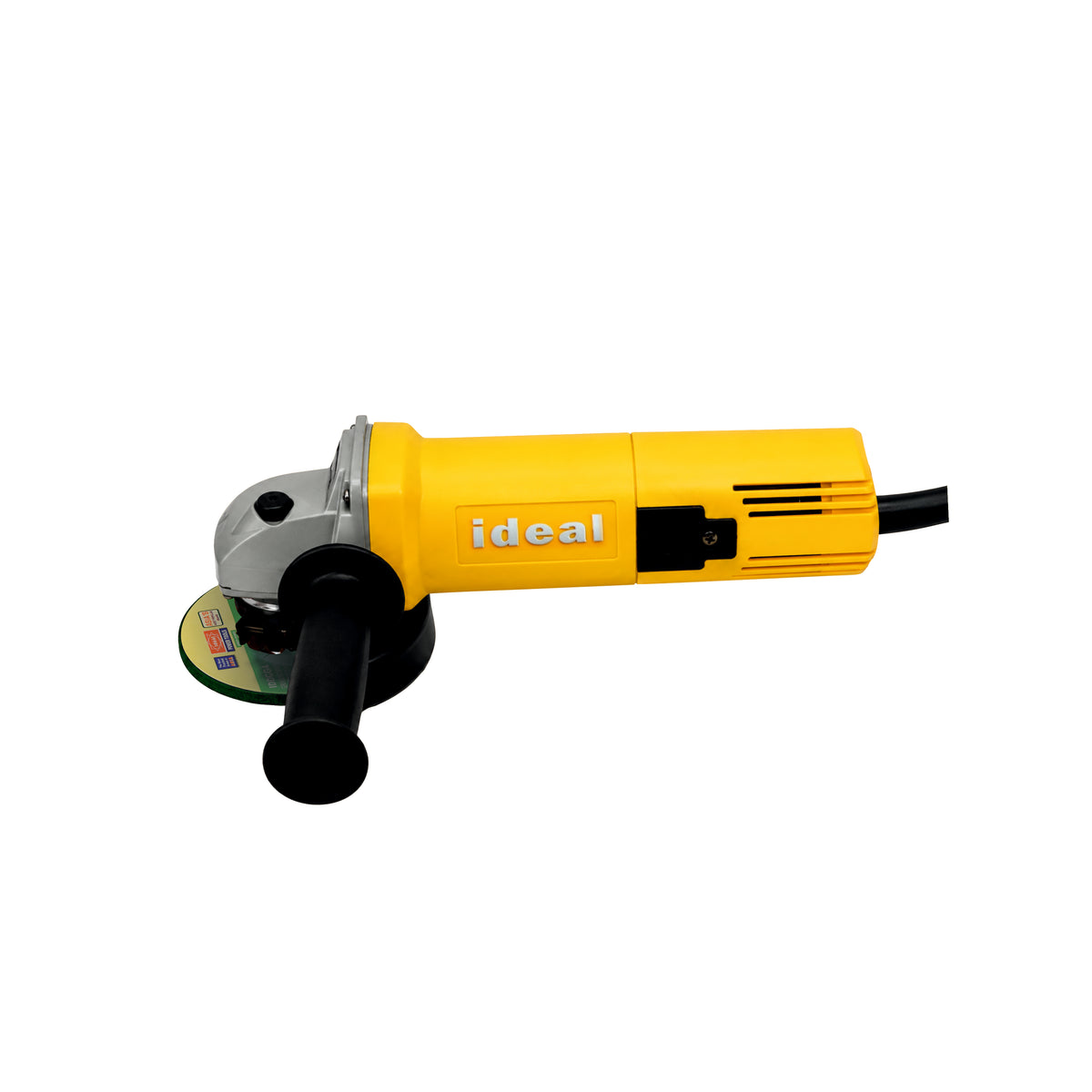 A yellow and black angle grinder with a silver metal head and a green-and-yellow abrasive disc, shown on a plain white background. The brand name 'ideal' is printed on the side.