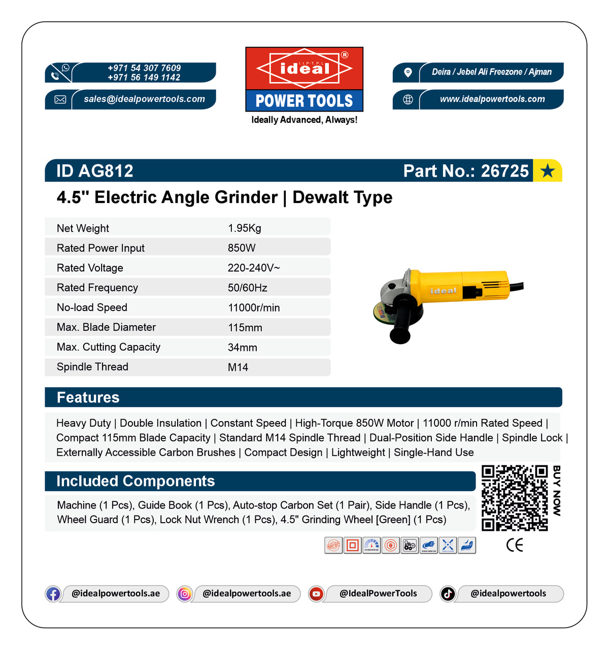 A product information card for the Ideal Power Tools 4.5" Electric Angle Grinder (Model AG812).