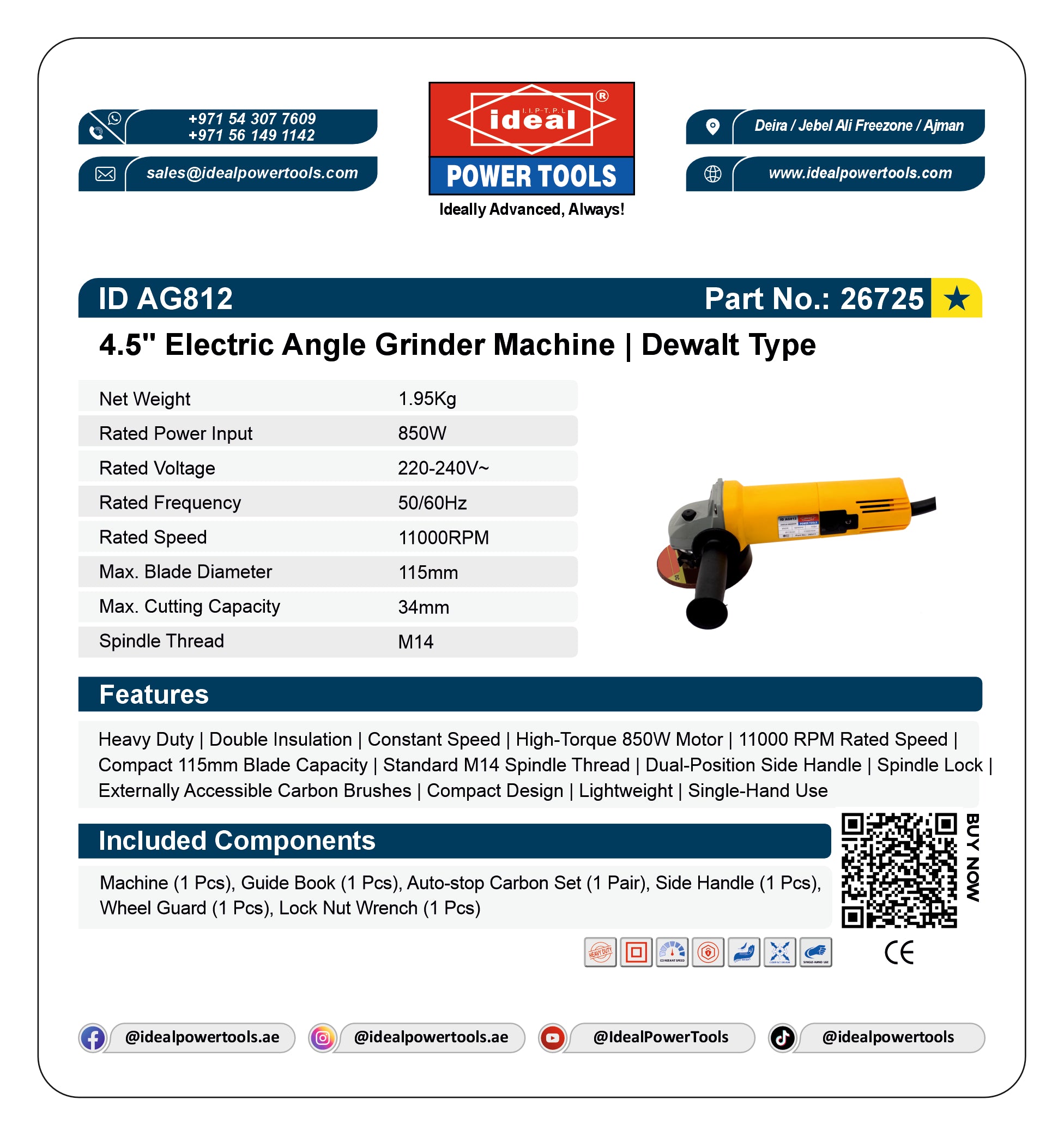 Product card for the Ideal Power Tools ID AG812 4.5-inch Electric Angle Grinder Machine.