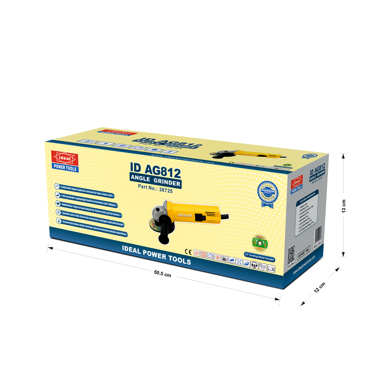 A product box for an angle grinder, shown on a plain white background with dimension indicated