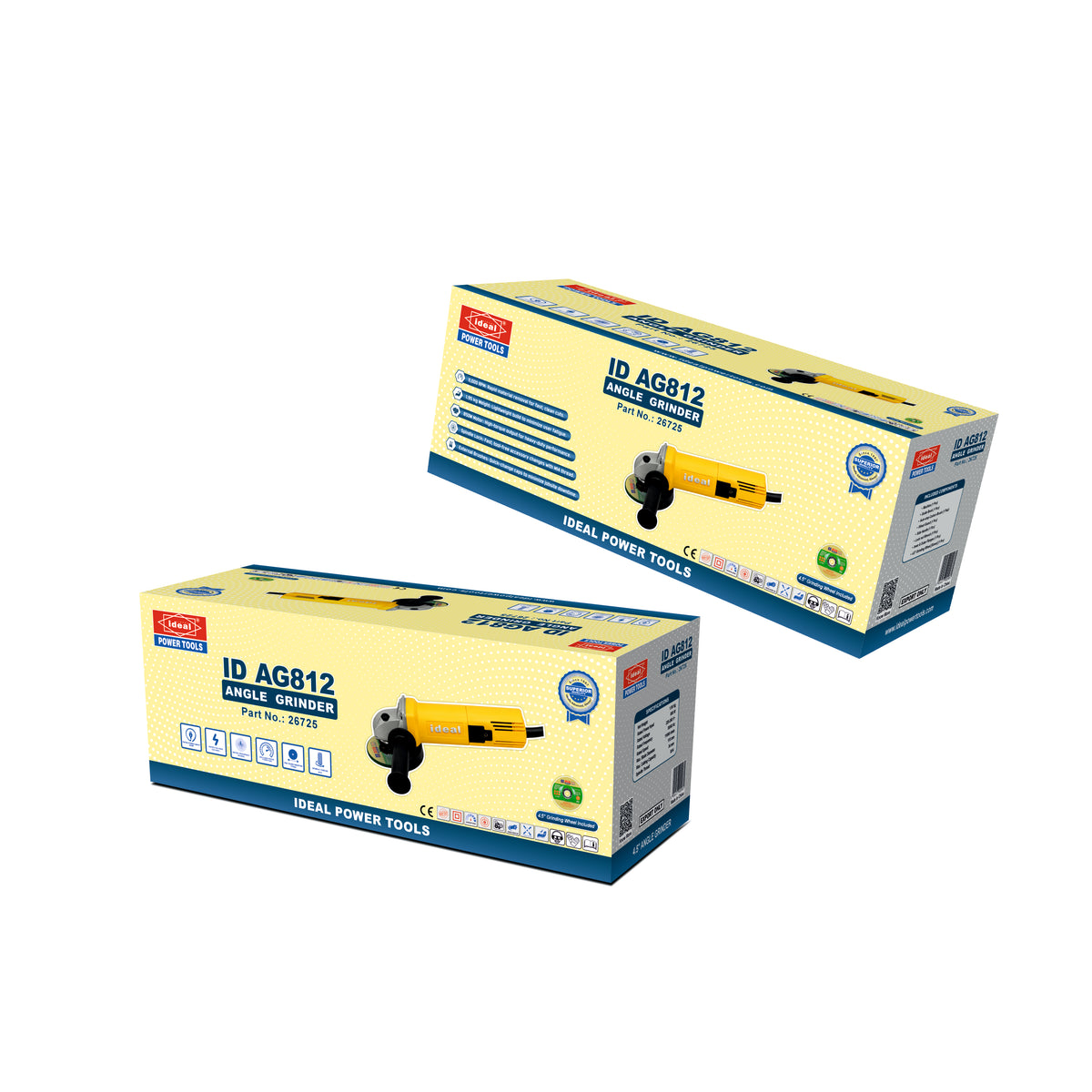 Two retail boxes of a yellow and blue angle grinder power set, labeled ID AG812, shown on a plain white background.