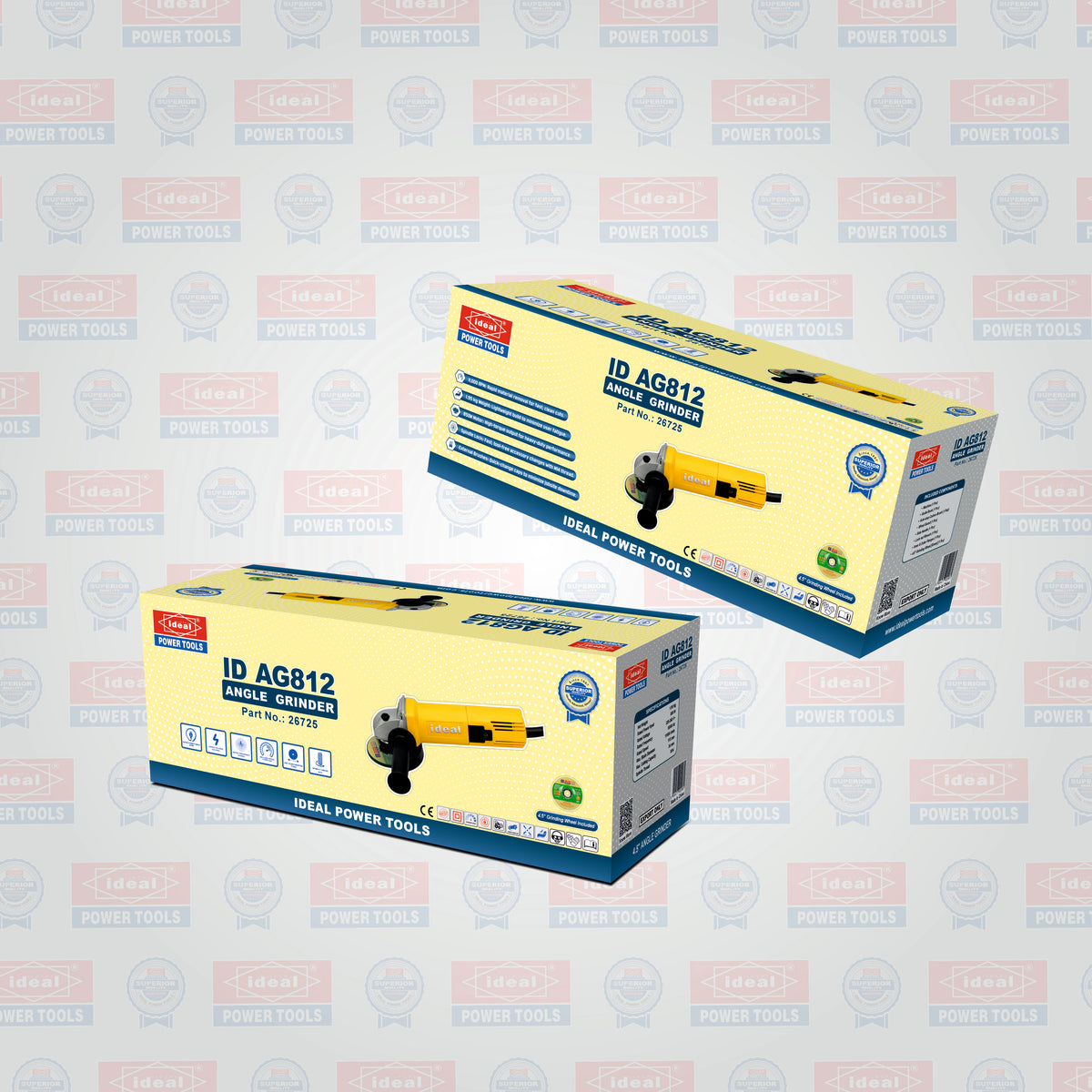Two retail boxes of the Ideal AG812 Angle Grinder shown on a light gray background with a repeating Ideal Power Tools watermark pattern.