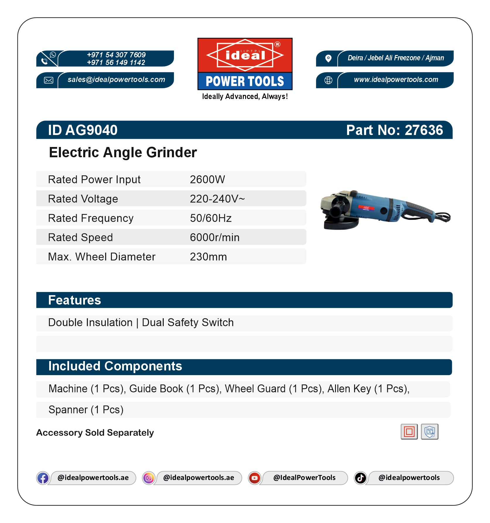 ID AG9040 ELECTRIC ANGLE GRINDER MACHINE [G-240V] - 27636