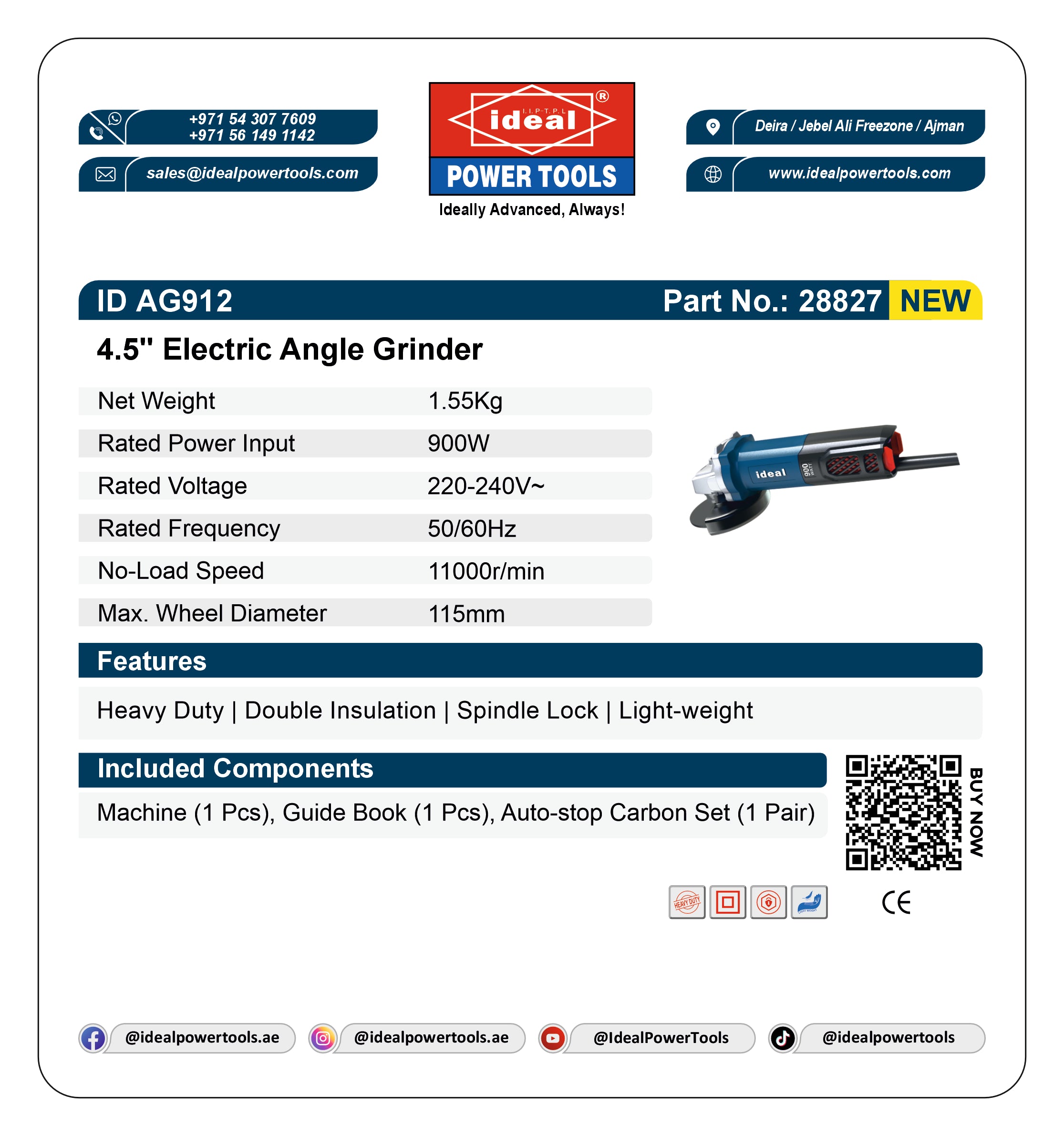 ID AG912 [900W] 4.5" ELECTRIC ANGLE GRINDER MACHINE