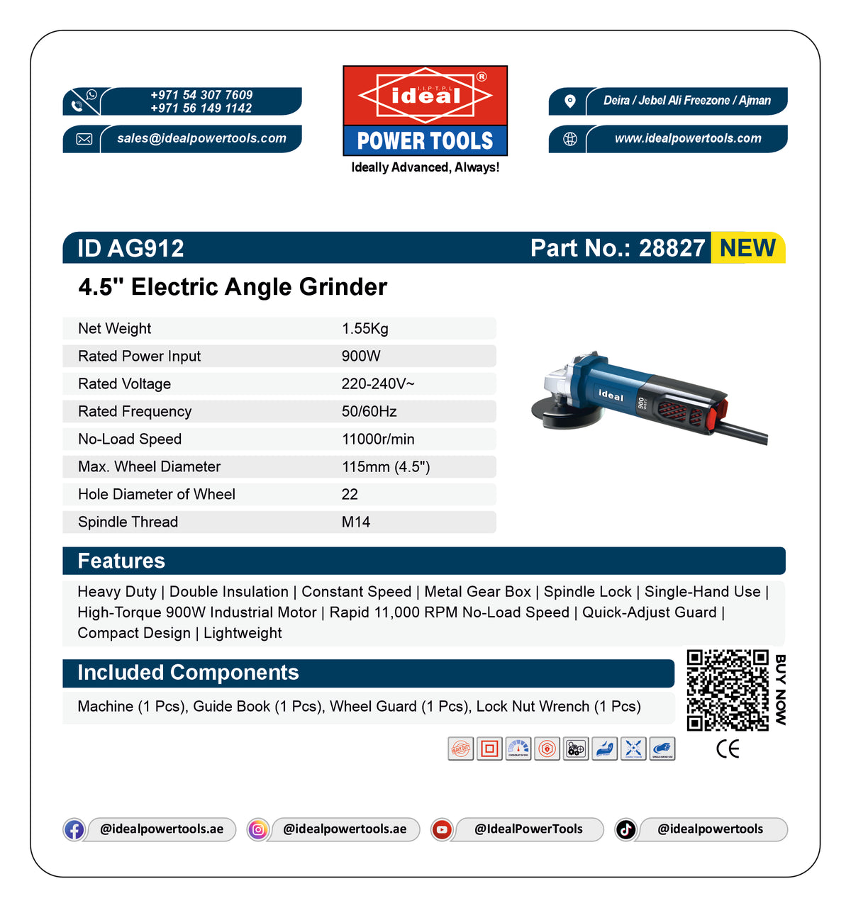 A product information card for the Ideal Power Tools 4.5-inch Electric Angle Grinder, part number 28827.
