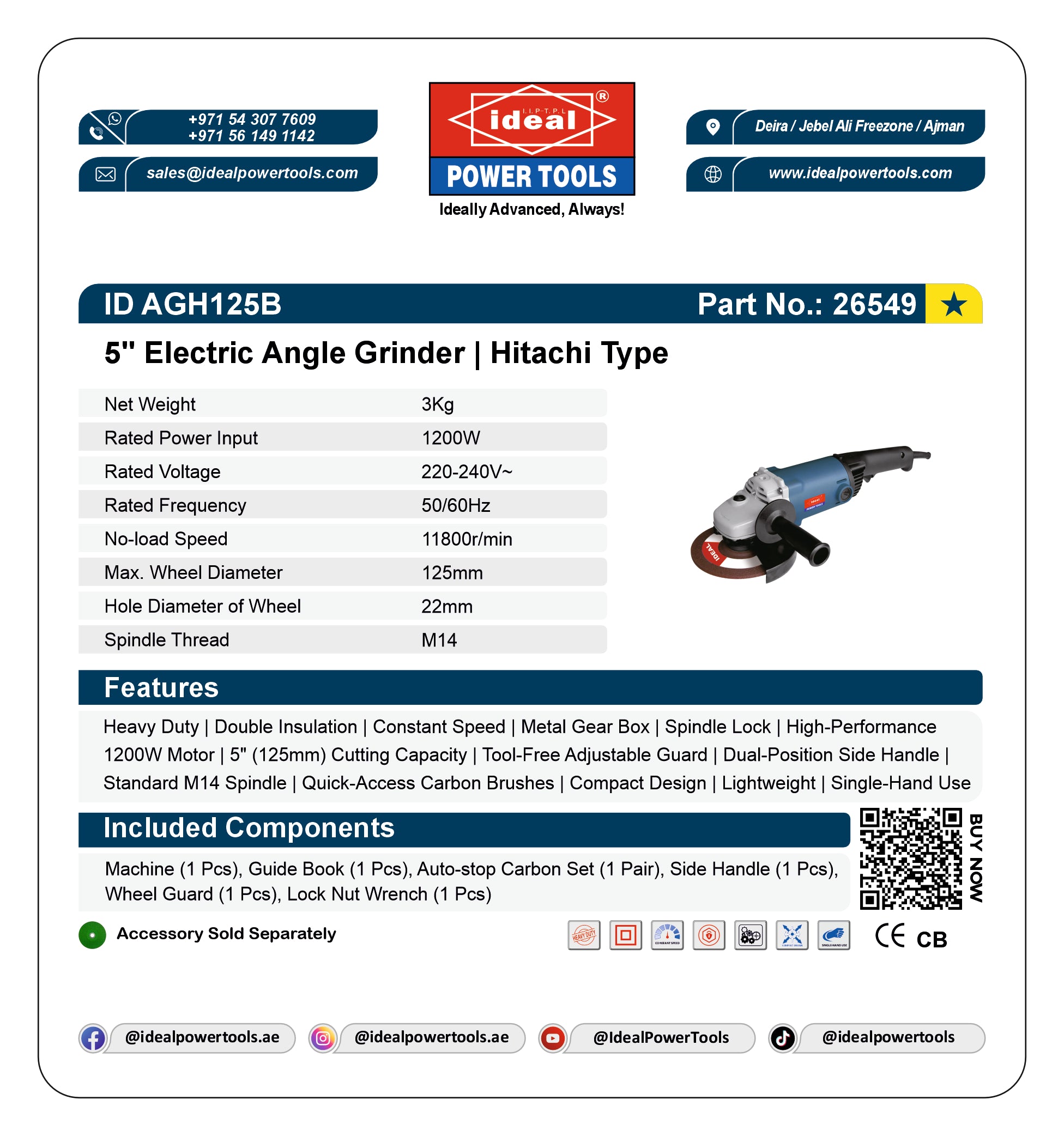 ID AGH125B 5" ELECTRIC ANGLE GRINDER MACHINE [G-240V] [Hitachi Type] - 26549