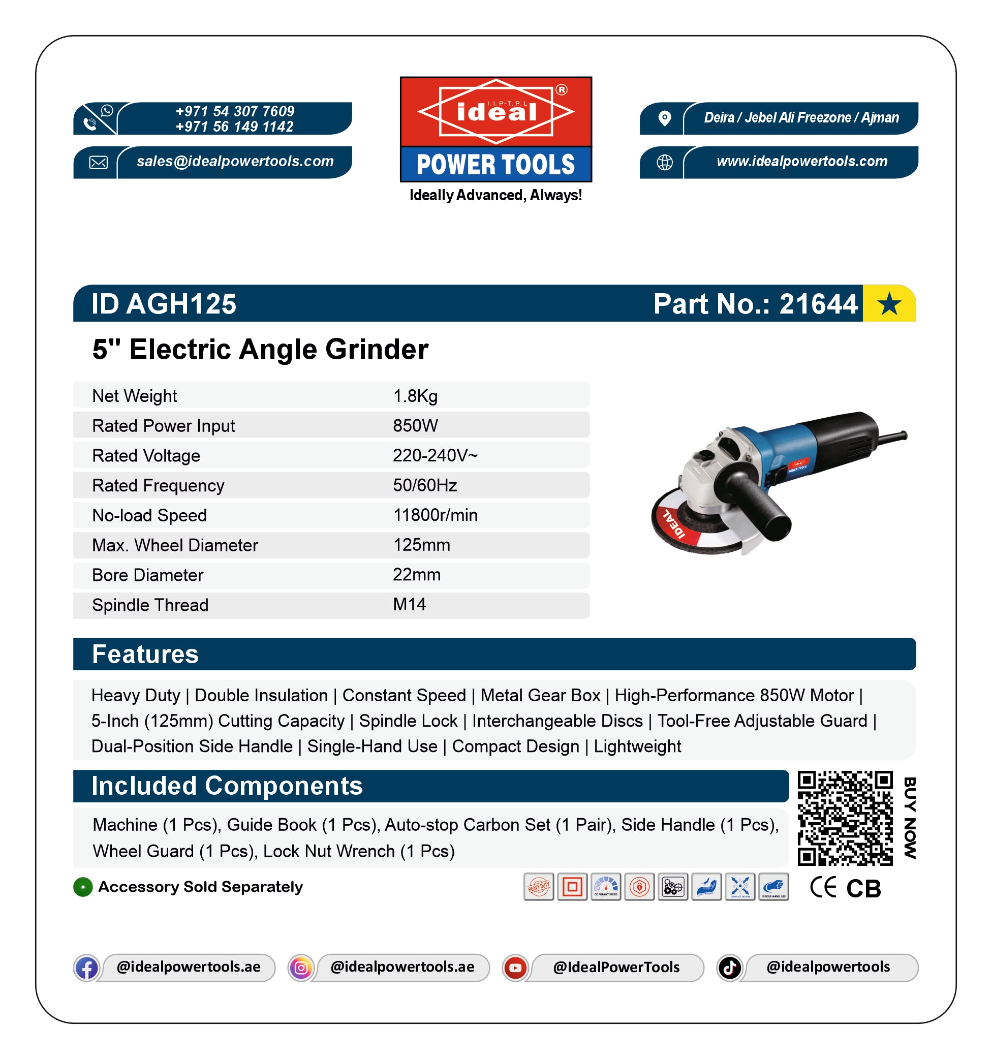Product card for Ideal Power Tools 5-inch Electric Angle Grinder ID AGH125, showing product specs, features, included components, and a QR code.