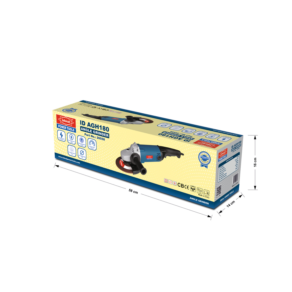 A boxed angle grinder product shown on a plain white background, with dimension indicated