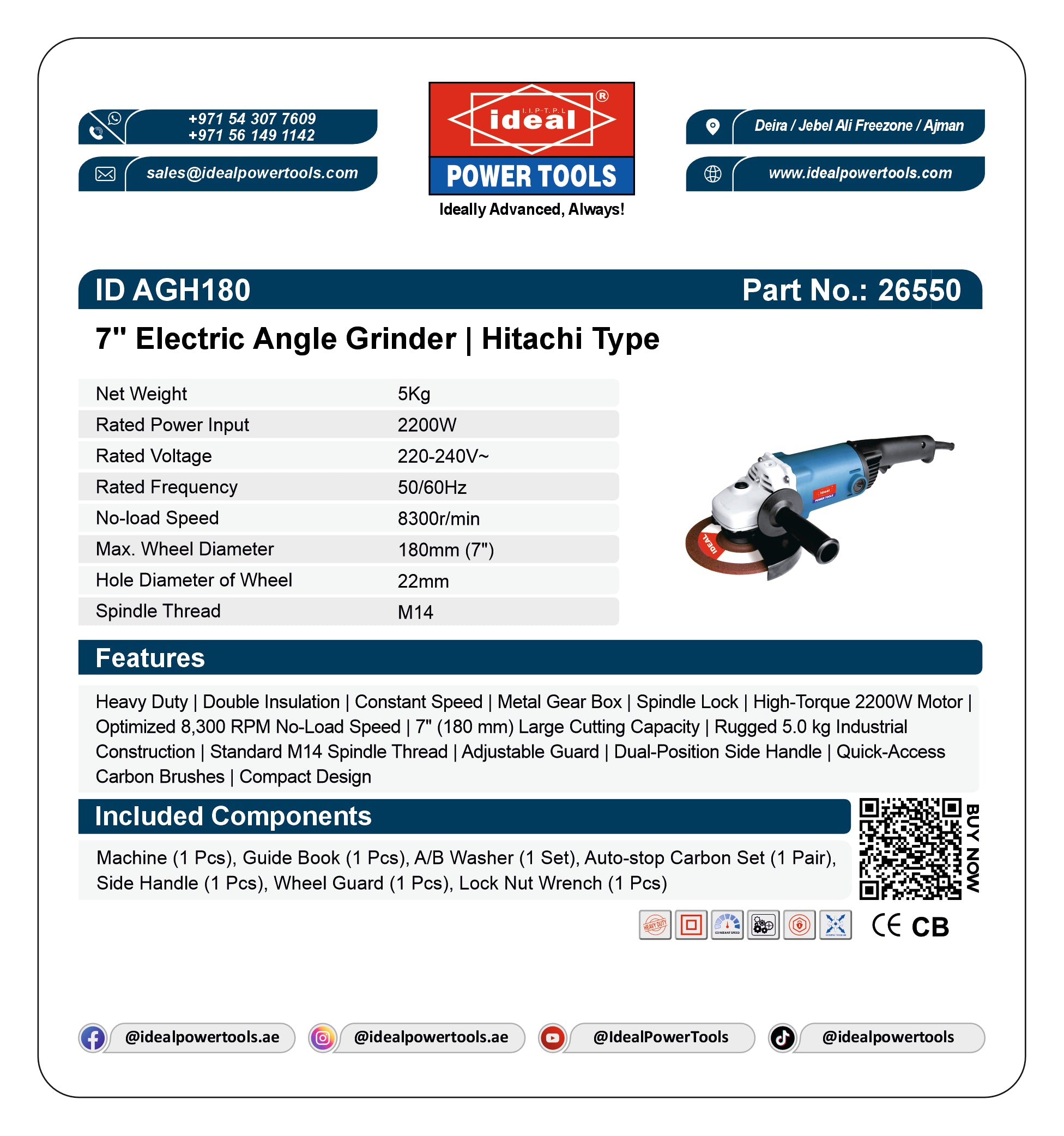ID AGH180 [7"] ELECTRIC ANGLE GRINDER MACHINE [G-240V] [Hitachi Type] - 26550