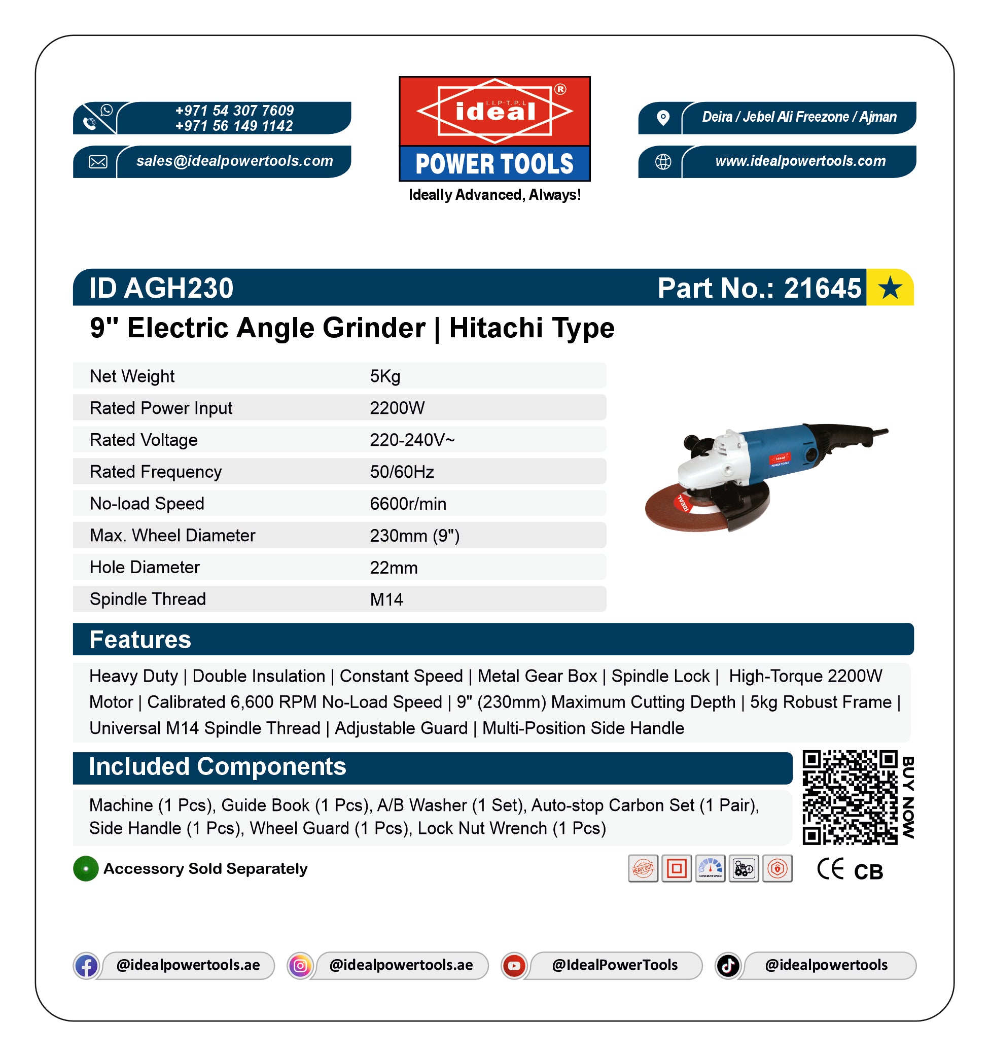 ID AGH230 9" ELECTRIC ANGLE GRINDER MACHINE [G-240V] [Hitachi Type] - 21645