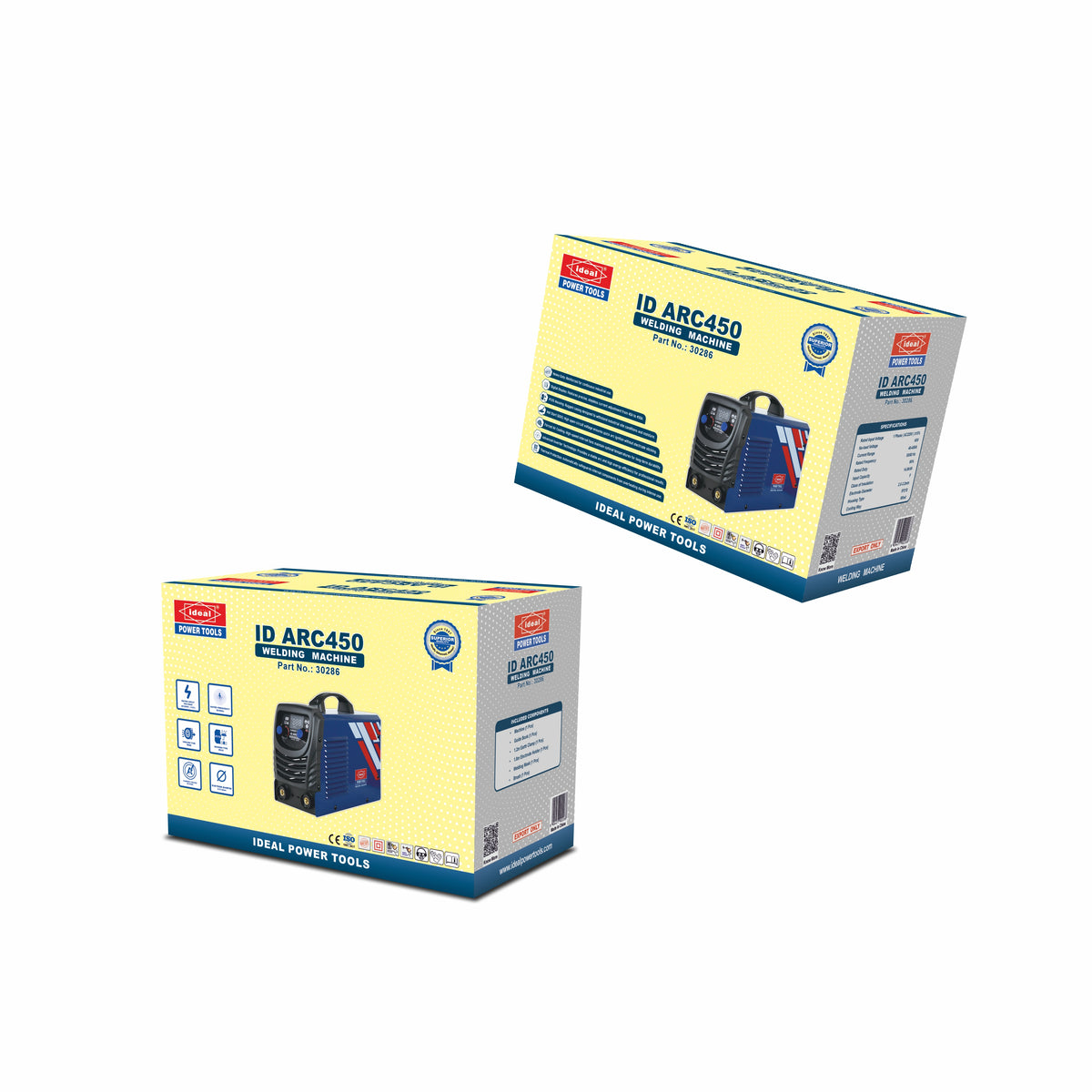 Two boxes of IDEAL Power Tools ID ARC450 welding machine on a white background