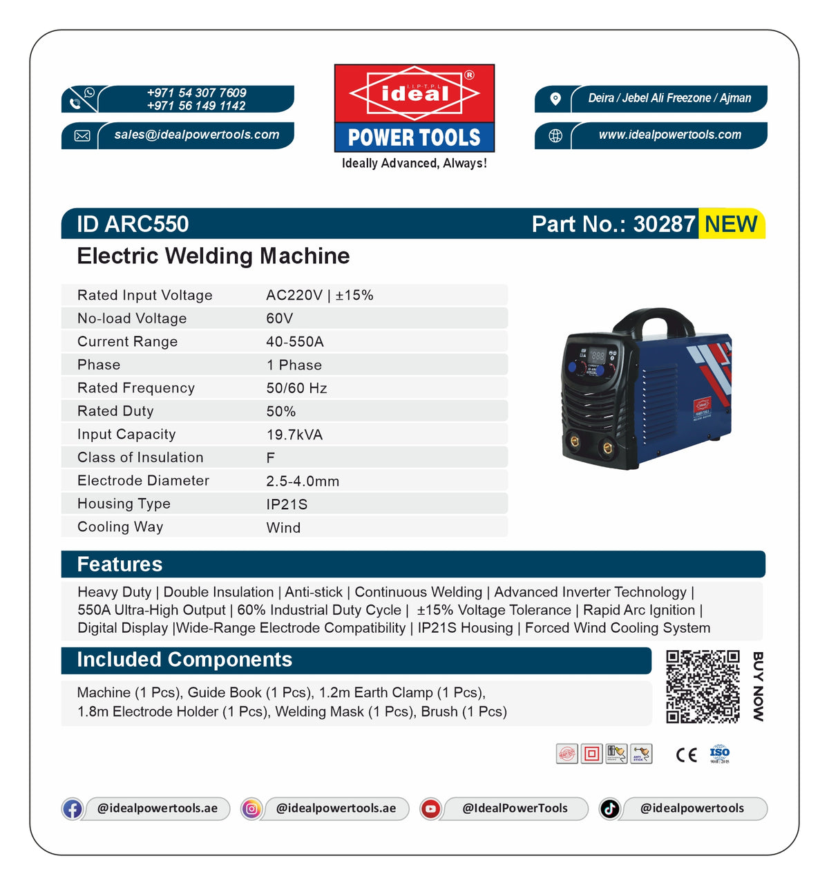 Product label for an electric welding machine (ID ARC550) with specifications and branding details.