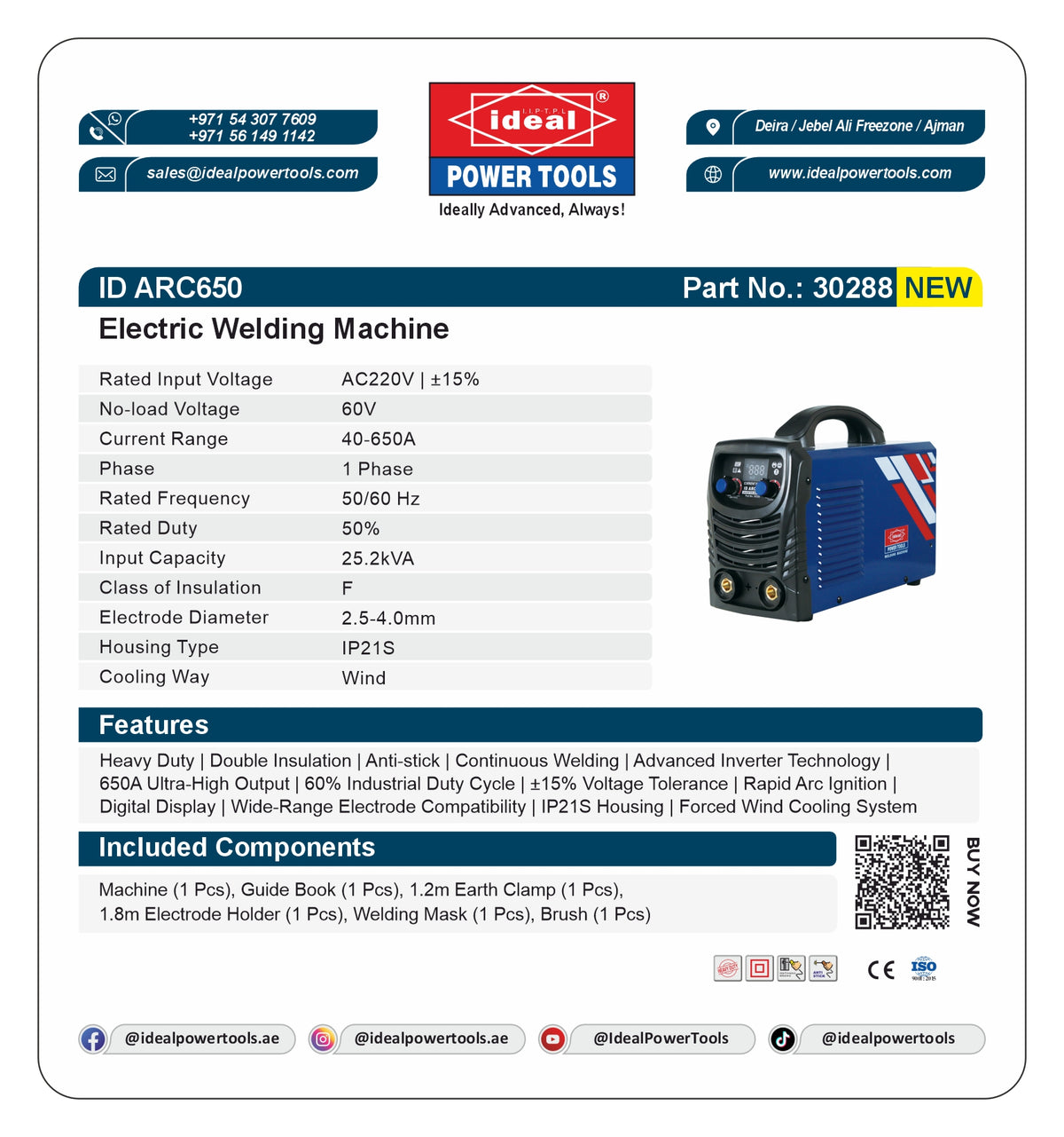 Product card for an electric welding machine (ID ARC650) with specifications and branding details.