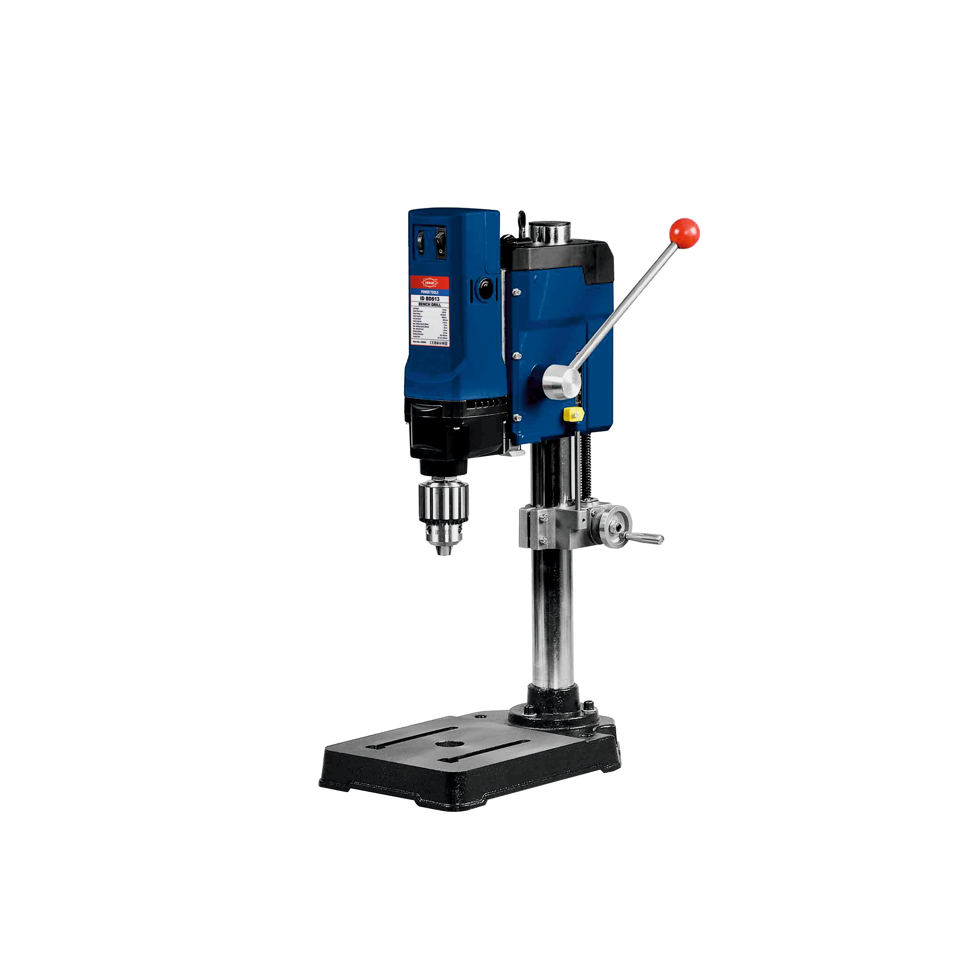 A blue and silver drill press with a black base and a red handwheel, shown on a plain white background.