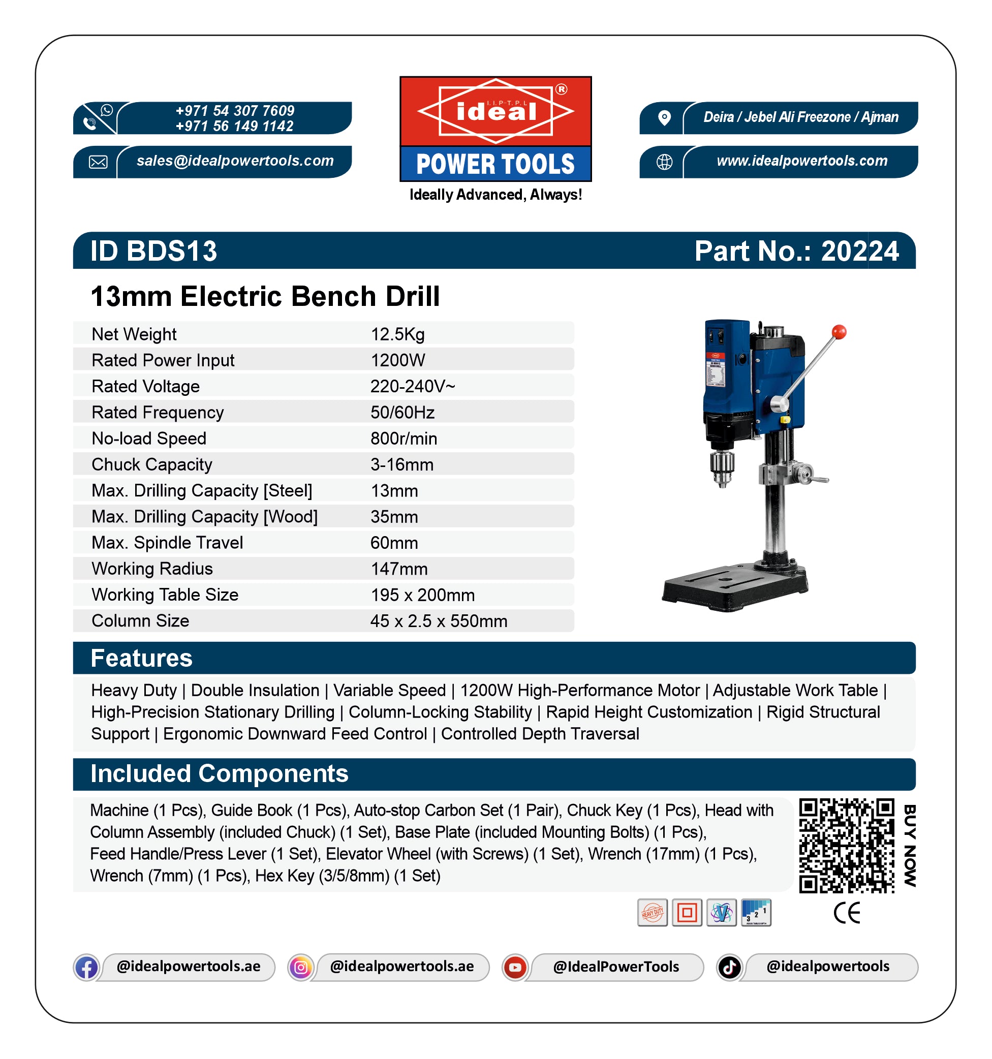 A white product information card for the ID 13M Electric Bench Drill by Ideal Power Tools, showing technical specifications, features, included components, and contact details alongside a product photo of the blue and black drill.