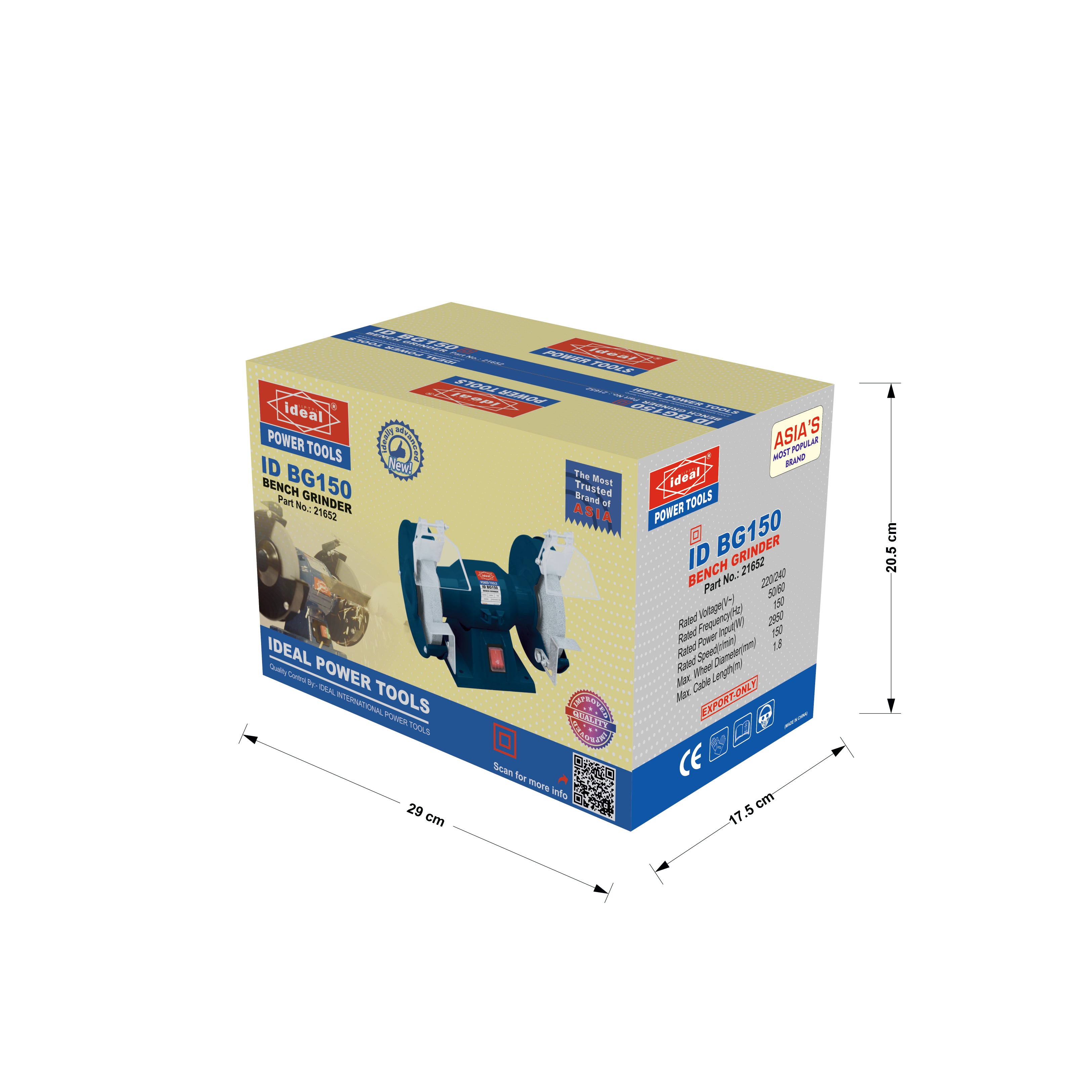 A boxed power tool package shown on a plain white background, with dimension arrows and labels indicating 28 cm width, 17.5 cm height, and 29.