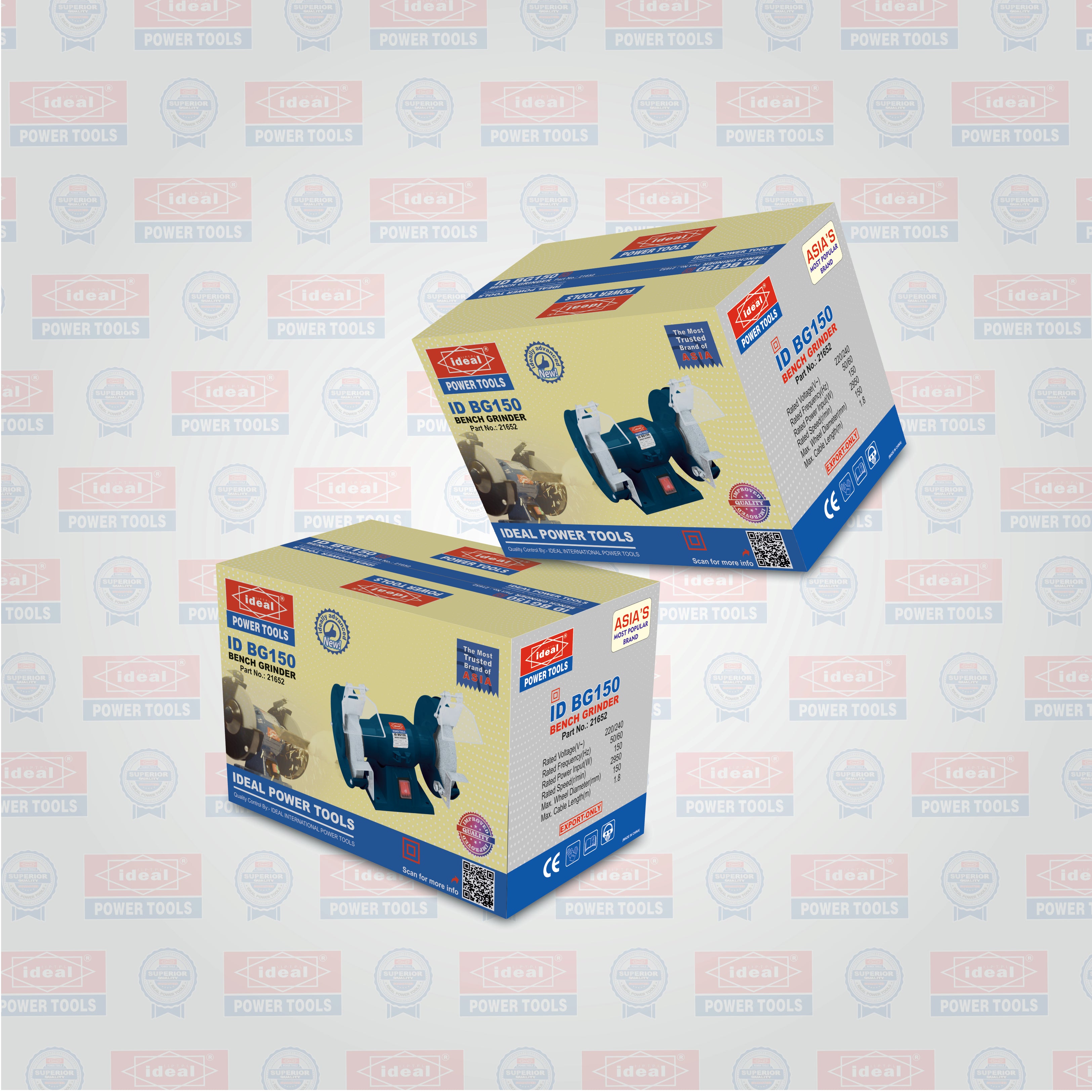 Two retail boxes of cordless power tools shown at an angle on a pale patterned background. The packaging is predominantly yellow-green with blue and red branding panels and product imagery.