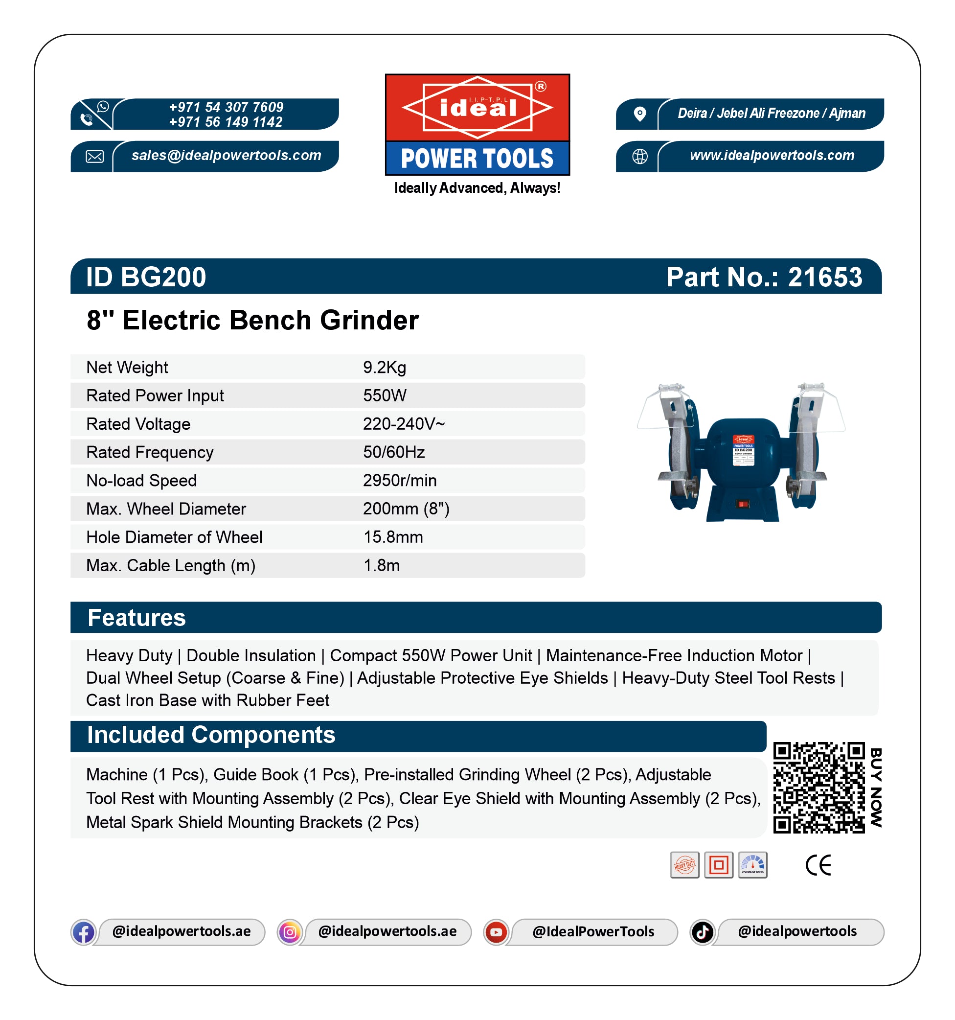 ID BG200 ELECTRIC BENCH GRINDER MACHINE [G-240V] - 21653