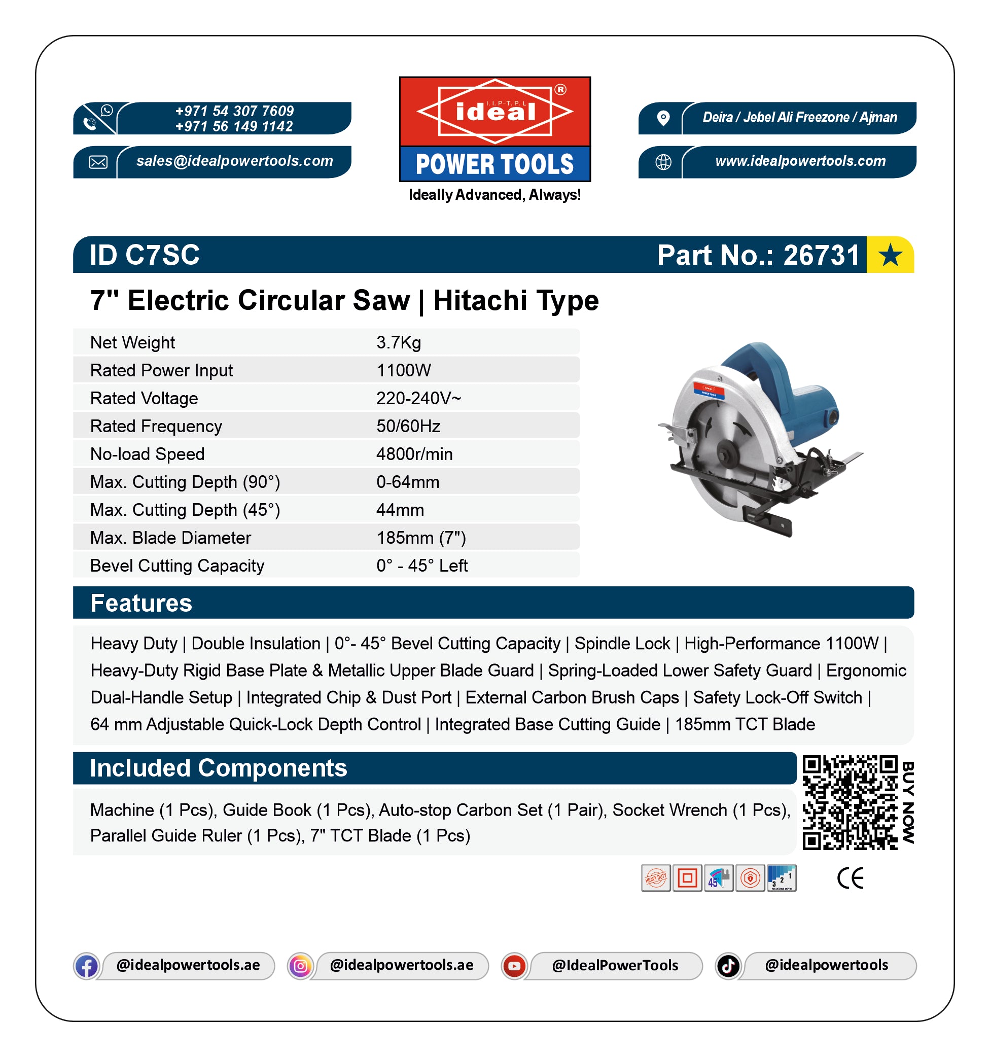 A product information card for an Ideal Power Tools 7-inch electric circular saw. The card features the Ideal logo, product specifications in a table, a list of features, included components, and a QR code.