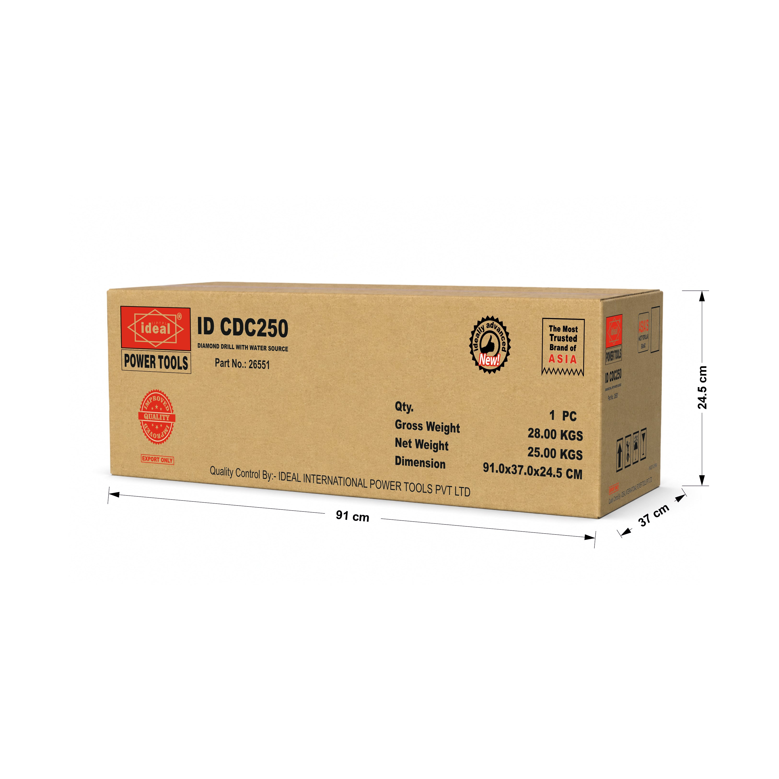 A brown cardboard box for Ideas Power Tools ID CDC250, shown with dimension lines indicating its measurements of 91 cm length, 37 cm width, and 24.5 cm height.