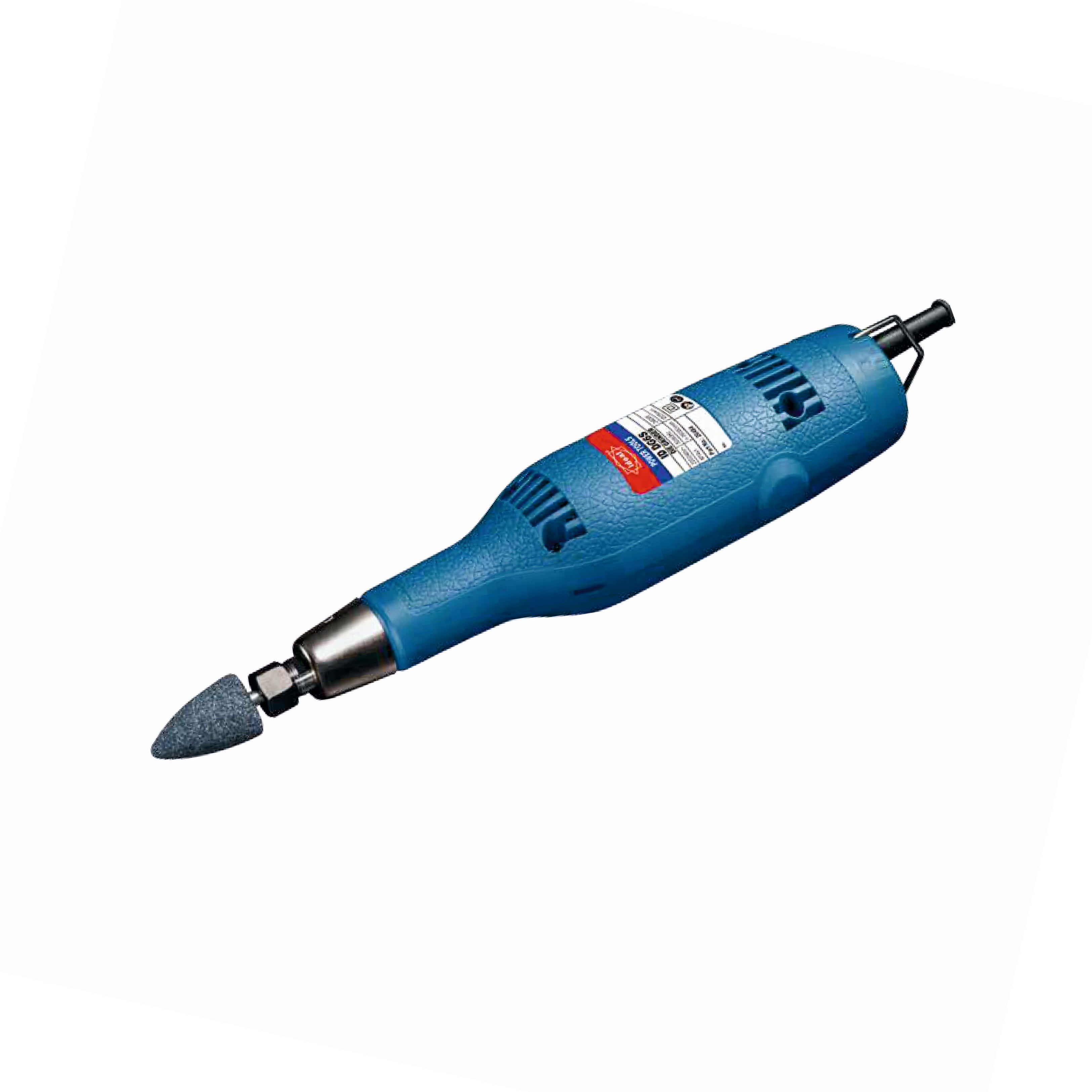 A blue Die Grinder Machine with a gray abrasive sanding bit attached, shown diagonally on a plain white background.