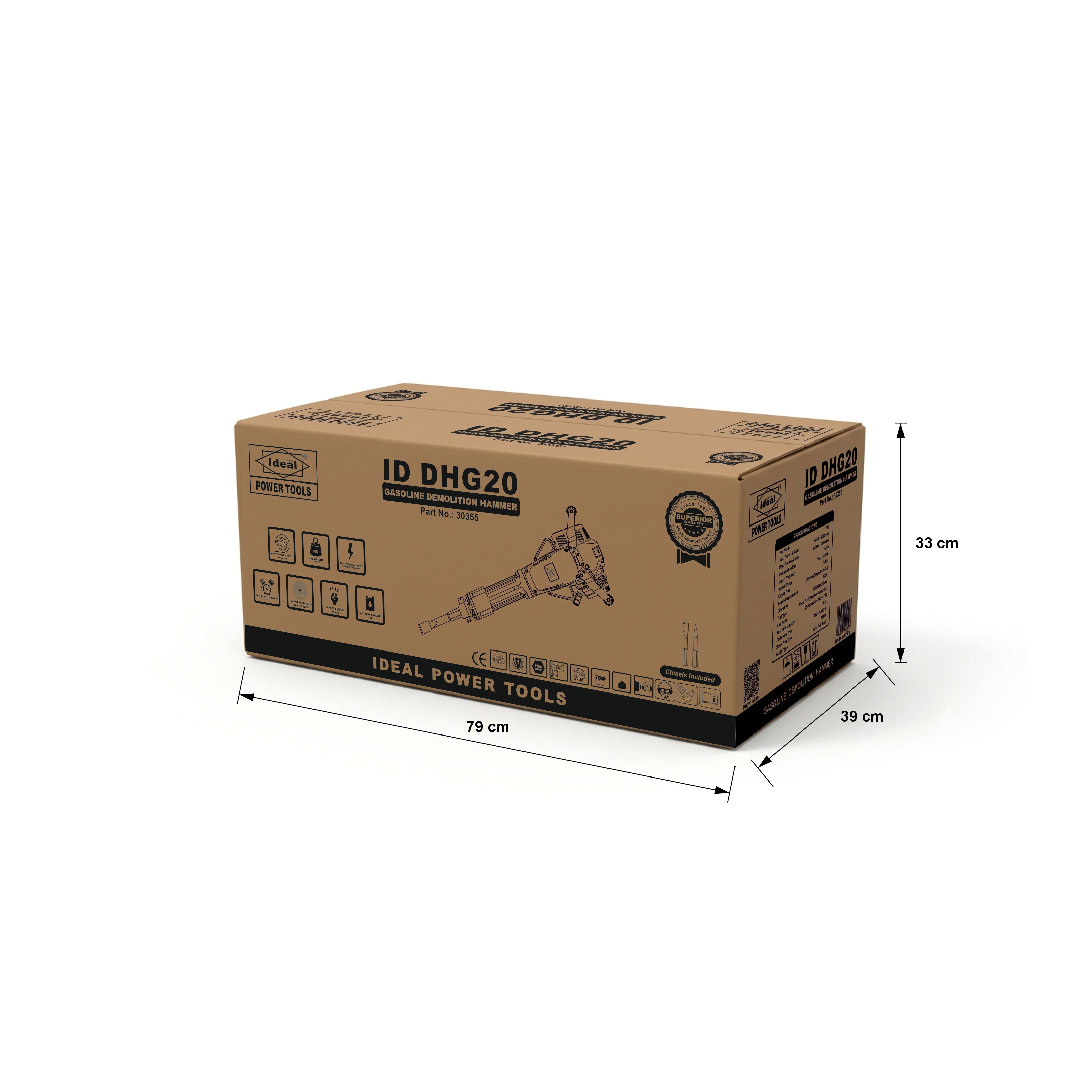 Cardboard box with ideal power tools branding and dimensions on a white background