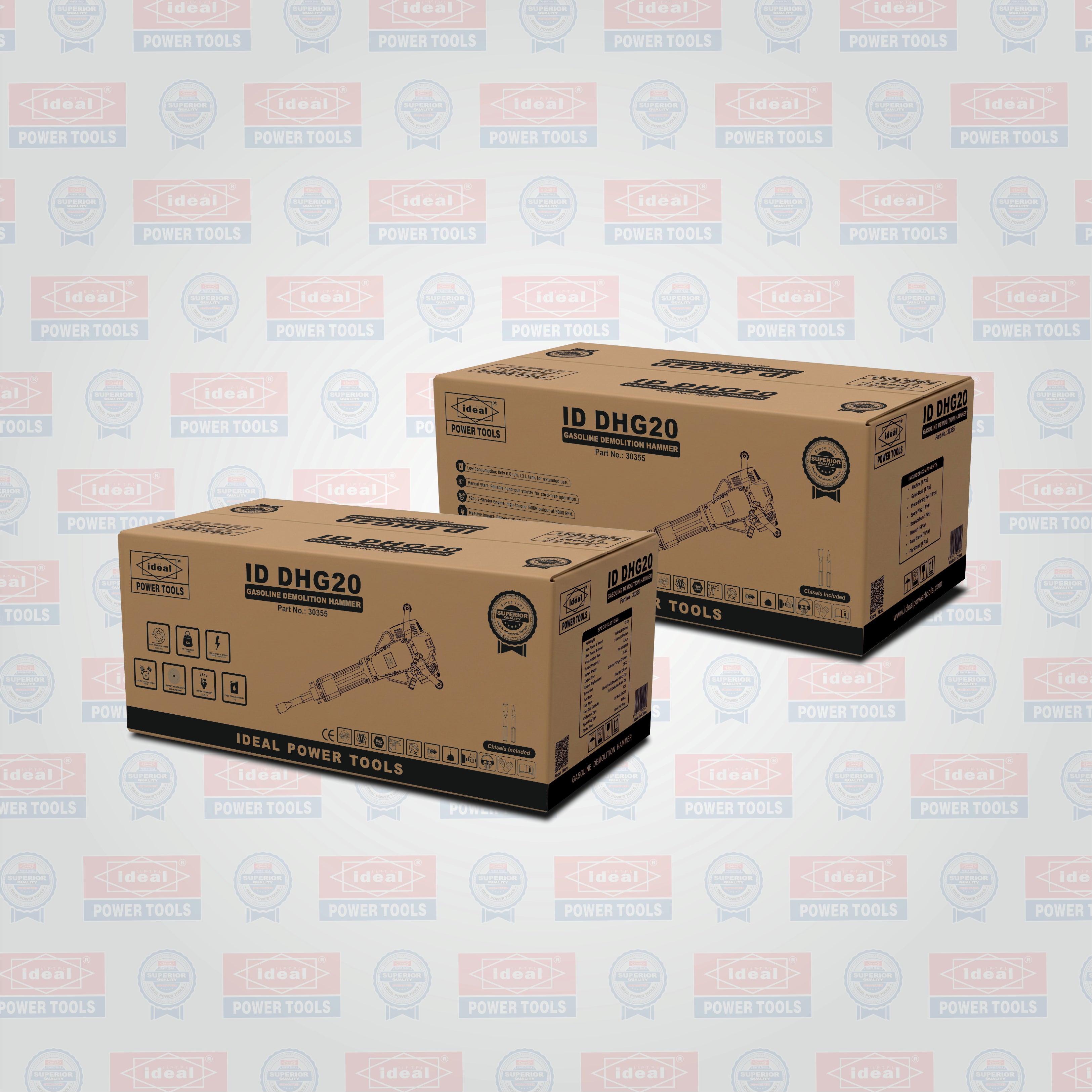 Two cardboard boxes of ID DHG20 with 'Ideal Power Tools' branding on a patterned background.