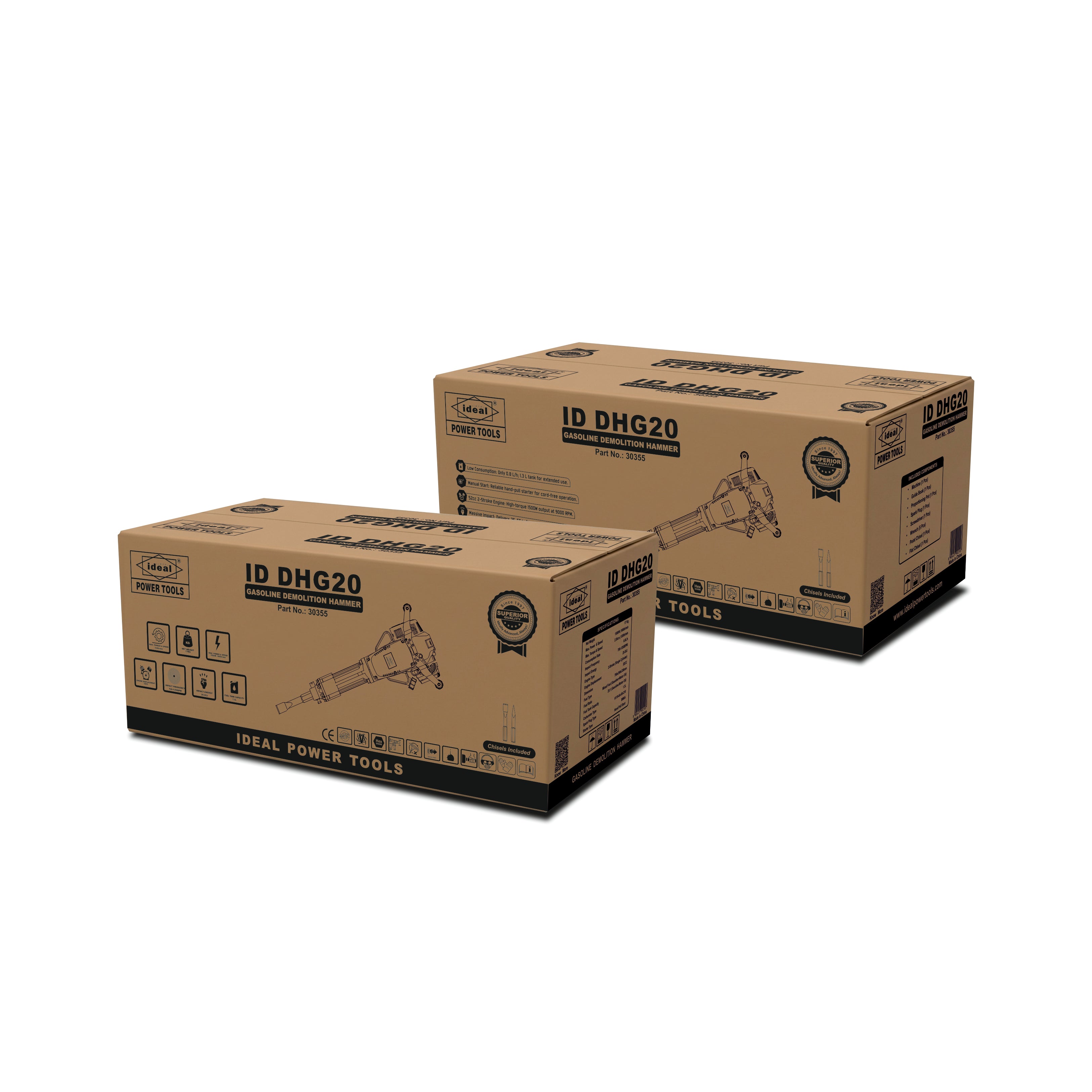 Two cardboard boxes of ID DHG20 gasoline demolition hammer with 'Ideal Power Tools' branding on a white background