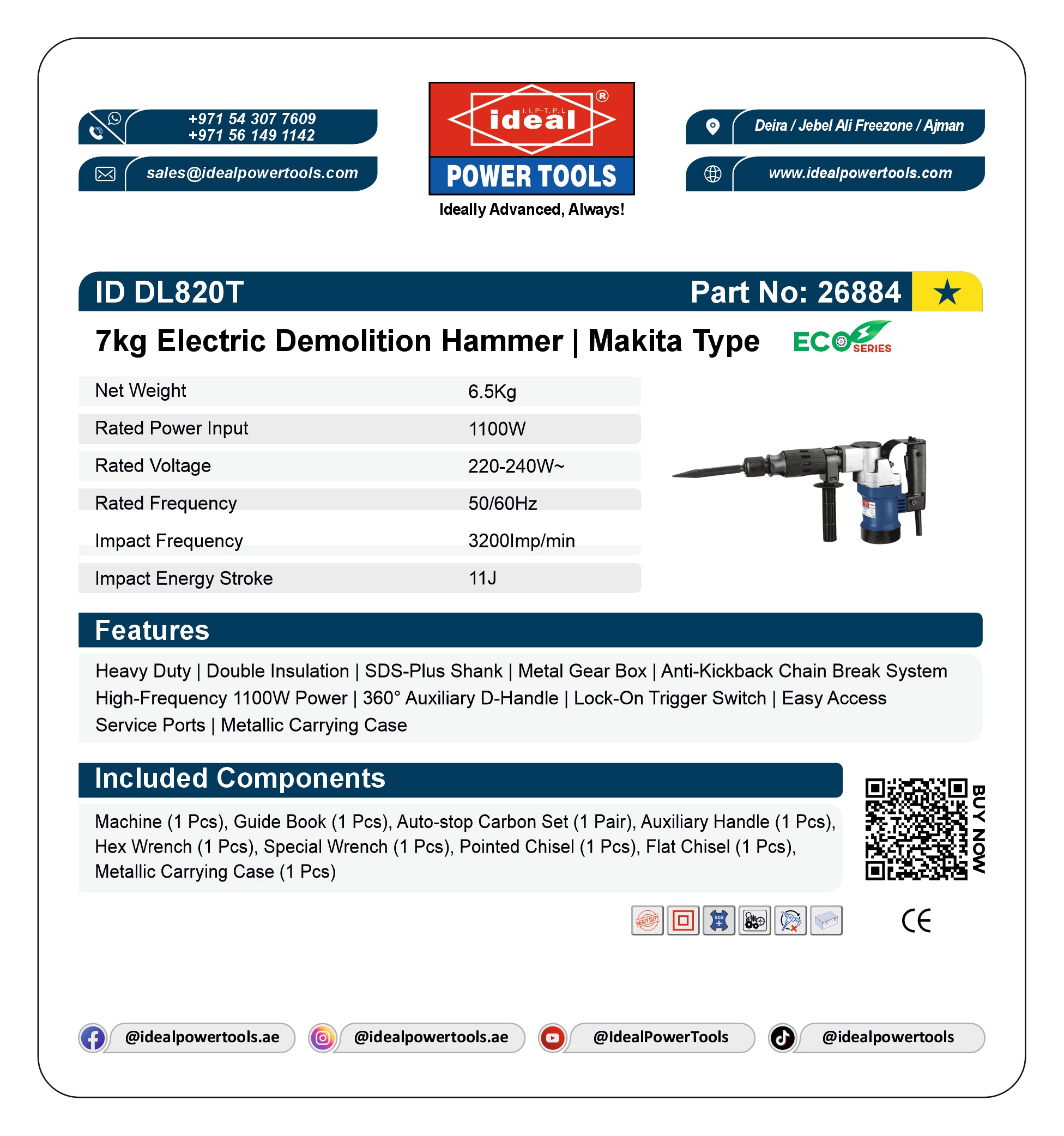 ID DL820T [ECO SERIES] [SDS PLUS SHANK] ELECTRIC DEMOLITION HAMMER MACHINE [G-240V] [Makita Type] - 26884