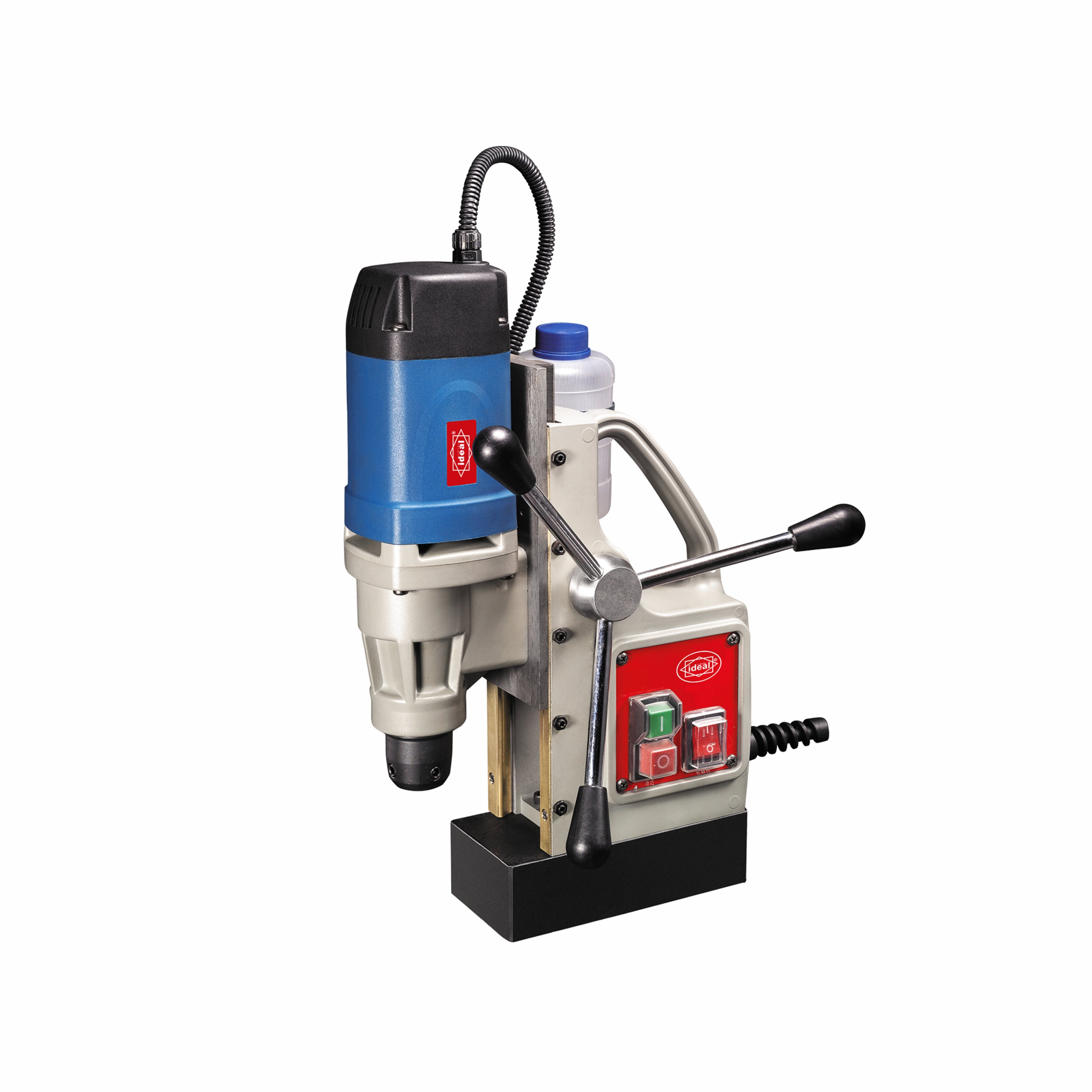 Magnetic core drill machine with blue and red accents on a white background