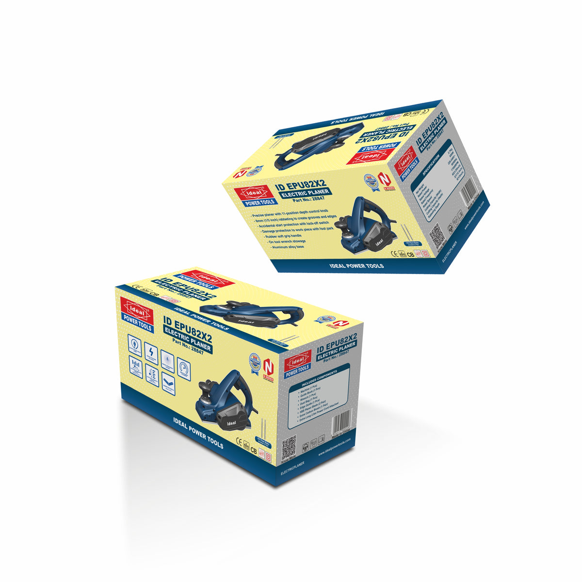 Two retail boxes of a Planer shown on a clean white background, with one box floating above the other. The packaging is primarily pale yellow with blue panels and product imagery.