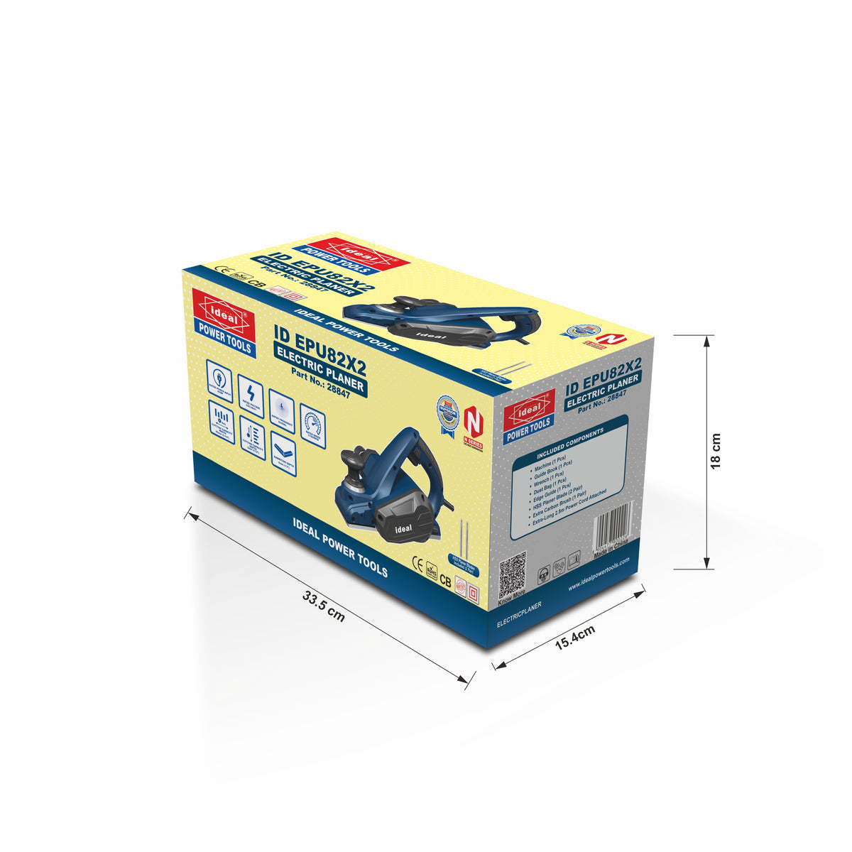 A boxed planer power tool package shown at an angle on a white background, with dimension lines indicating 33.8 cm length, 15.