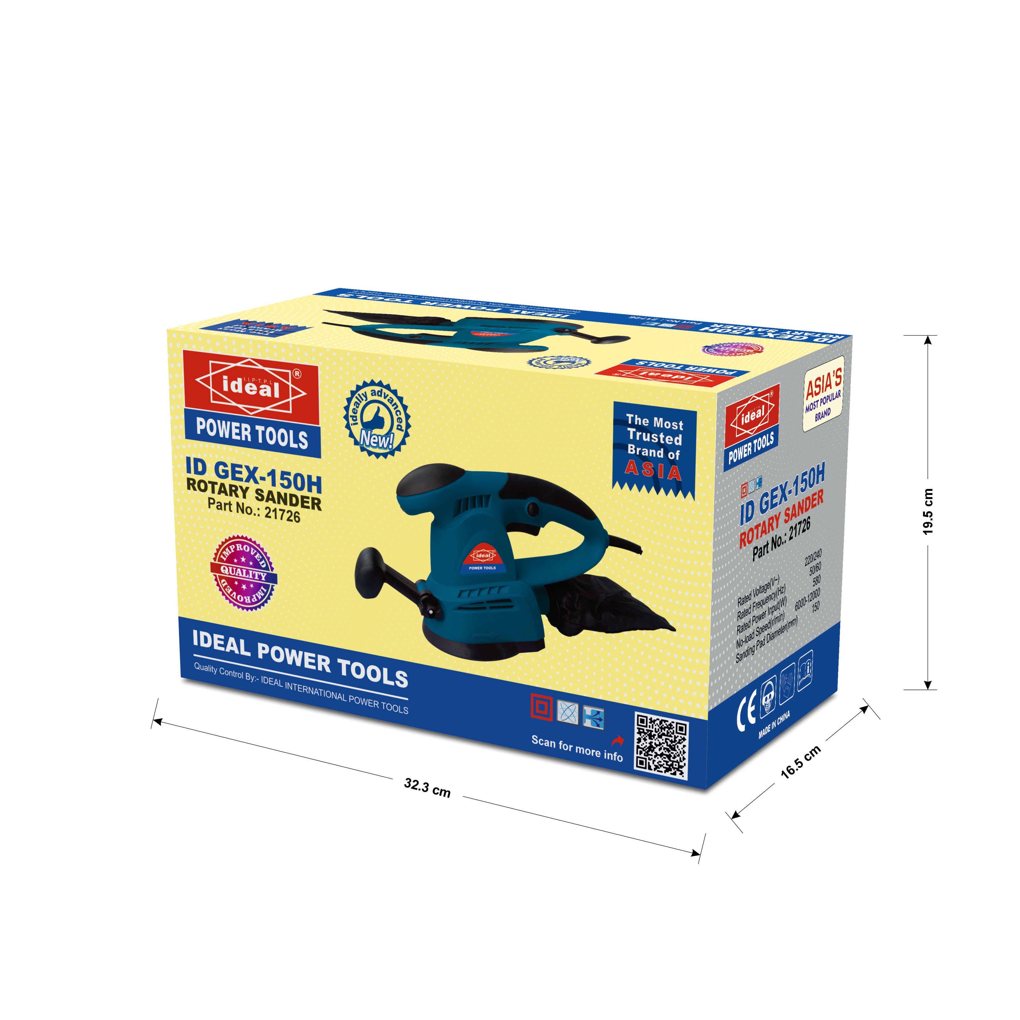 Ideal Power Tools ID GEK-150H Rotary Sander retail box shown on a white background, with dimension lines indicating 32.3 cm length, 16.