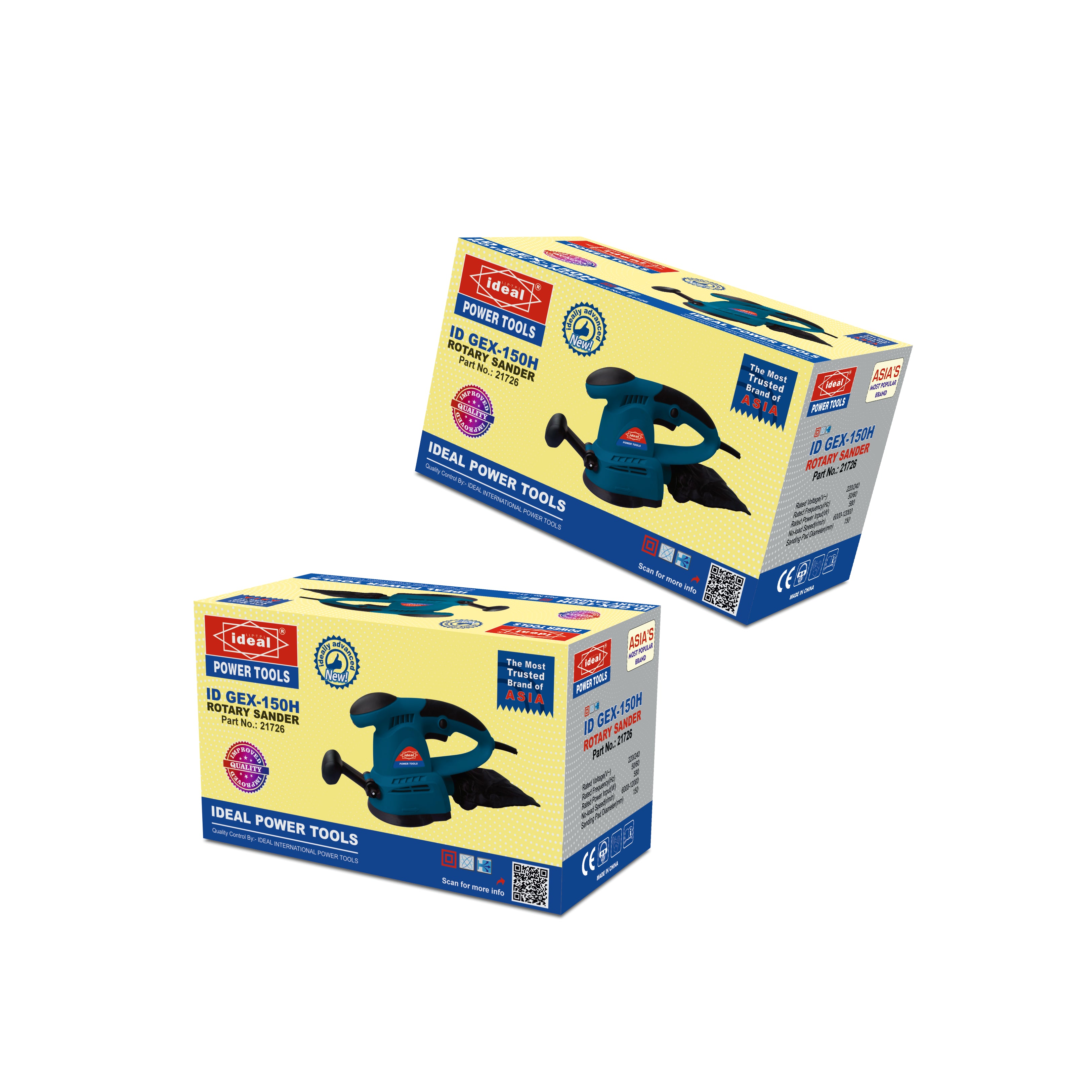 Two retail boxes of a cordless sander shown on a plain white background, with the front box more prominent and a second angled box behind it.