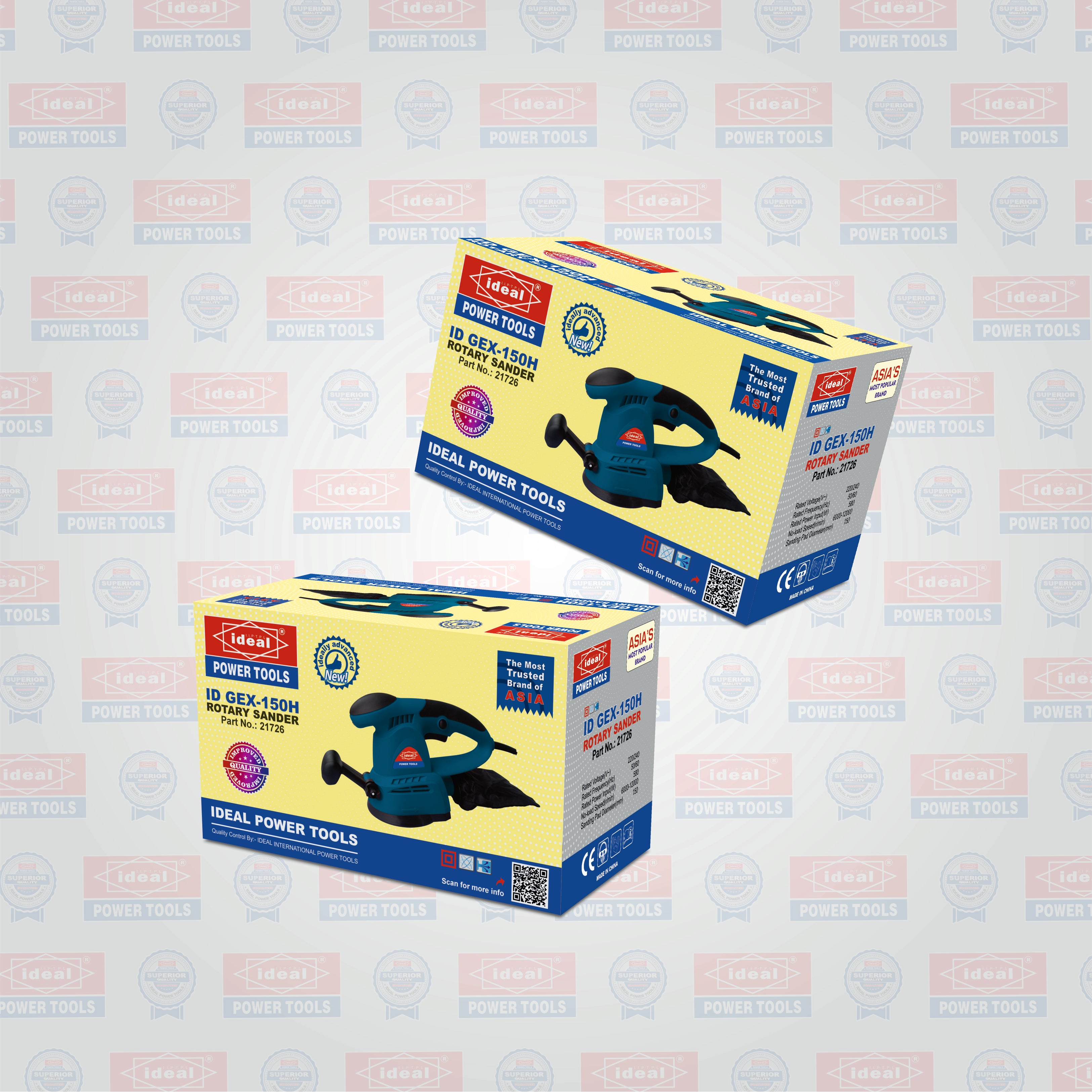 Two retail boxes of a cordless sander shown on a light gray background with a repeated faint 'Ideal Power Tools' watermark pattern. The boxes are yellow, blue, and white, featuring a photo of the blue and black sander and product details.